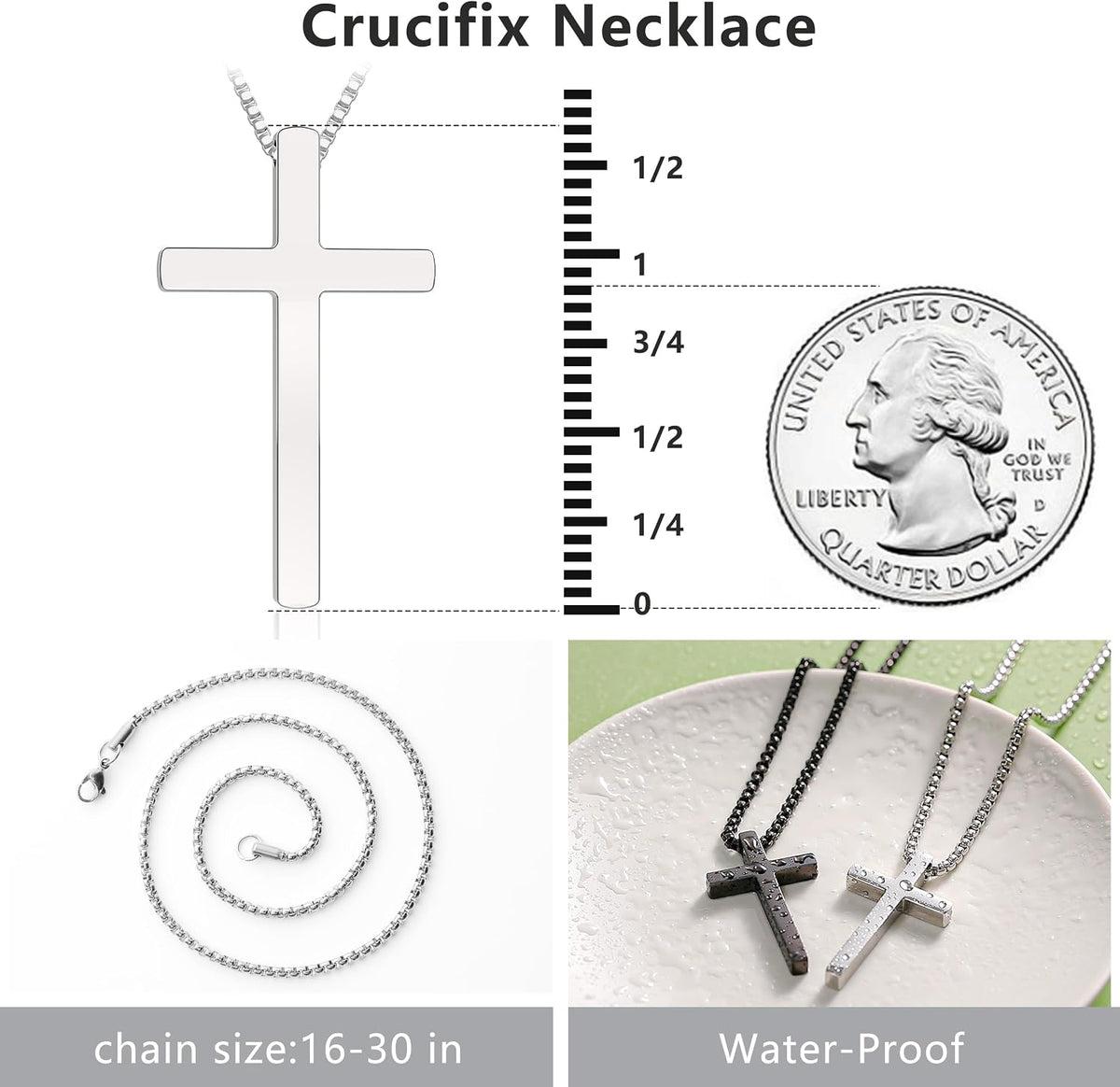 Romass 2 Pcs Cross Necklace for Men,Mens Necklace Stainless Steel Teen Boys Pendants Silver Black Gold Crosses Chain Jewelry Gifts Box 16-30 inches