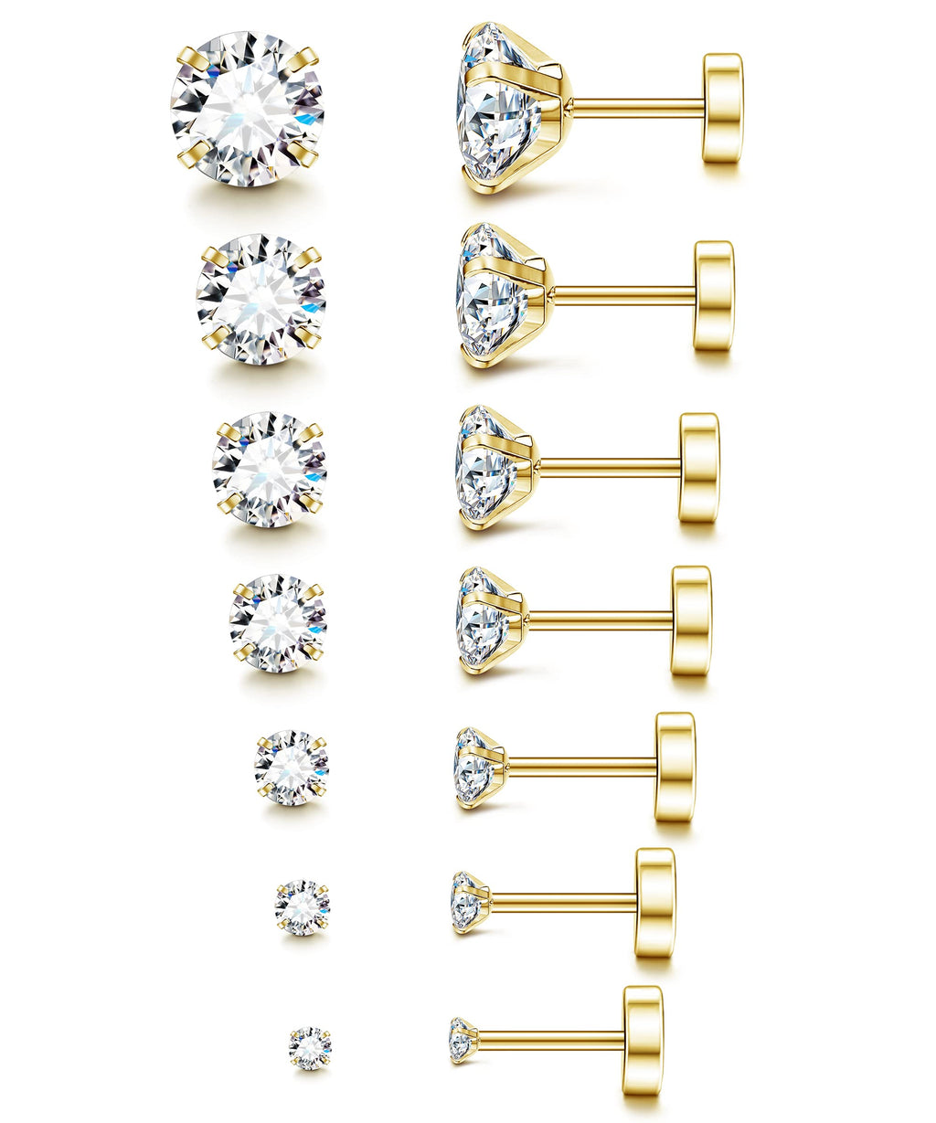20G Hypoallergenic Flat Back Earrings for Women Men Silver 14K Gold Stainless Steel Stud Earrings Birthstone Cubic Zirconia Studs Surgical Steel Cartilage Earrings for Sensitive Ears