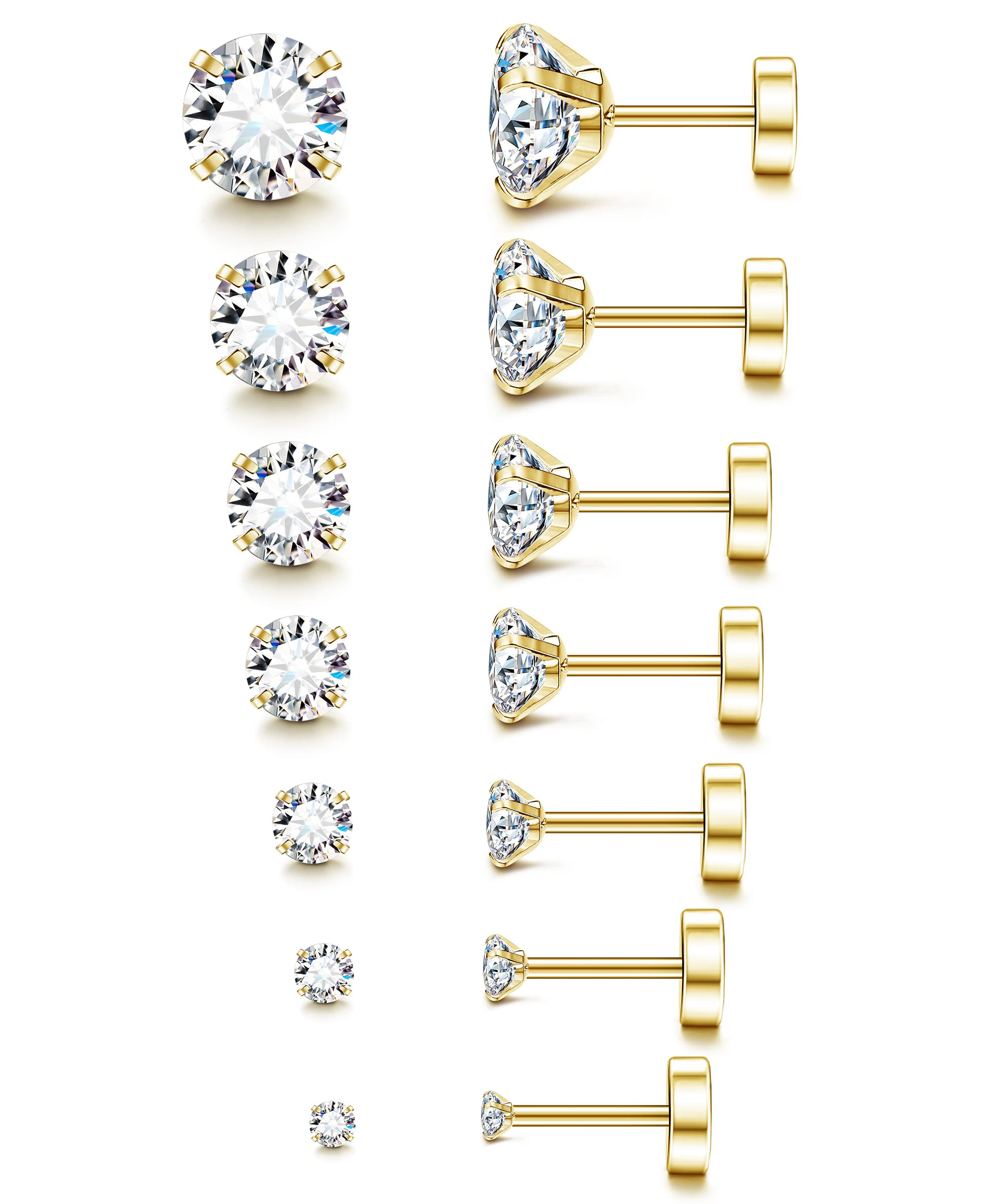 20G Hypoallergenic Flat Back Earrings for Women Men Silver 14K Gold Stainless Steel Stud Earrings Birthstone Cubic Zirconia Studs Surgical Steel Cartilage Earrings for Sensitive Ears