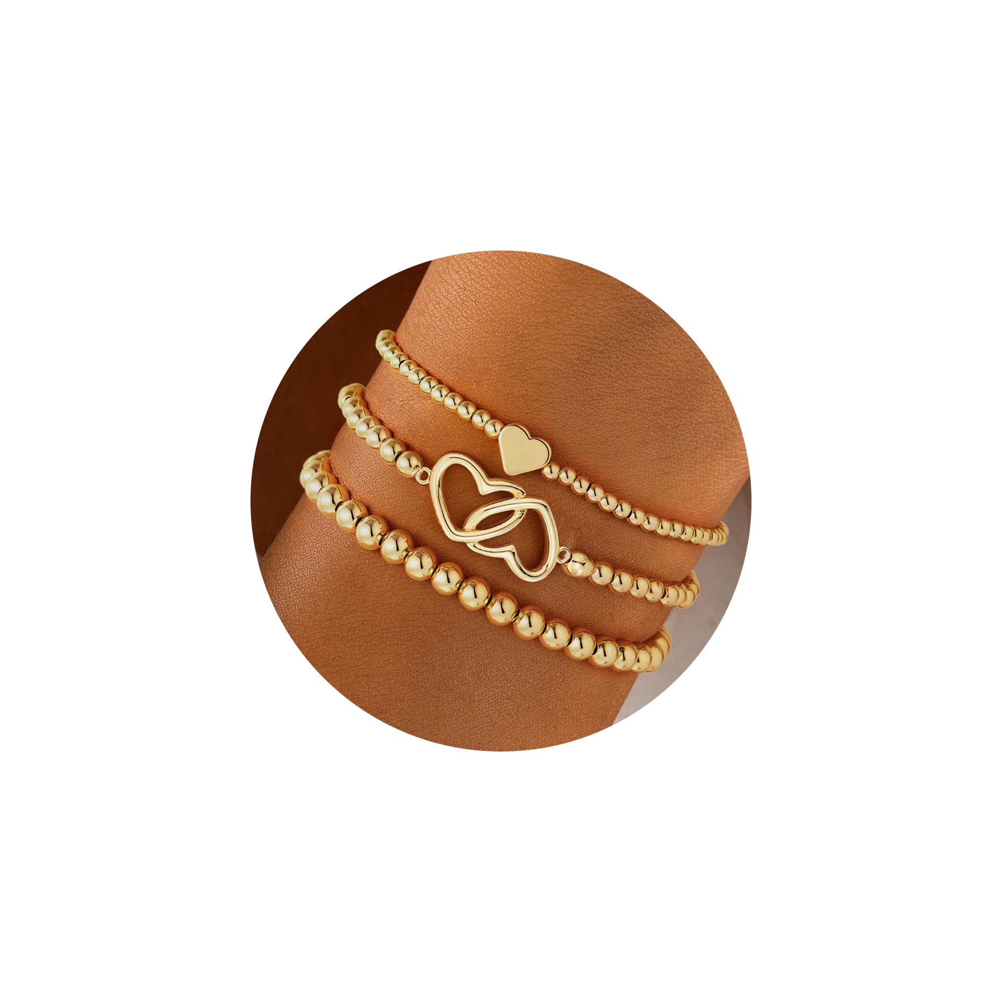3PCS 14K Gold Plated Beaded Stretch Bracelet for Women Teen Girls | Stacked Beaded Bracelet Set, Dainty Bow Cross Heart Wave CZ Charm, Waterproof, 7 Inch Elastic, Teen Girls Summer Jewelry