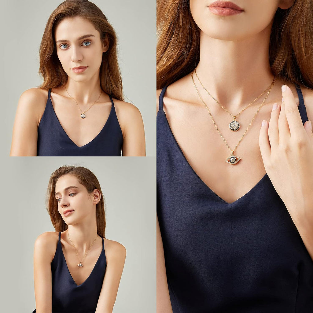 Evil Eye Necklace Layered Necklaces for Women, 2Pcs 18K Gold Plated Dainty Evil Eye Choker Pendant Necklace Handmade Evil Eye Jewelry Protection Gifts