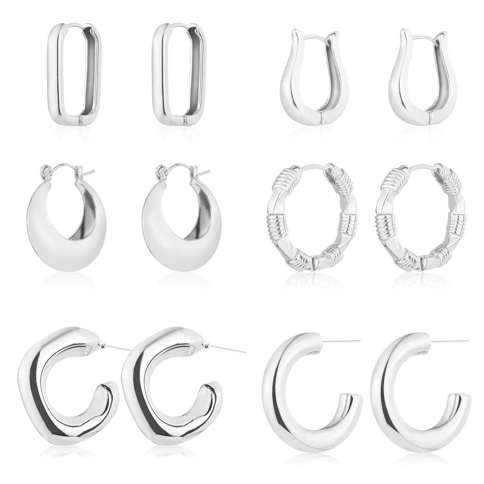 6 Pairs 14K Gold Plated Hoop Earrings for Women Lightweight Chunky Hoop Earrings Multipack Hypoallergenic, Thick Open Twisted Huggie Hoops Earring Set Jewelry for Gifts.