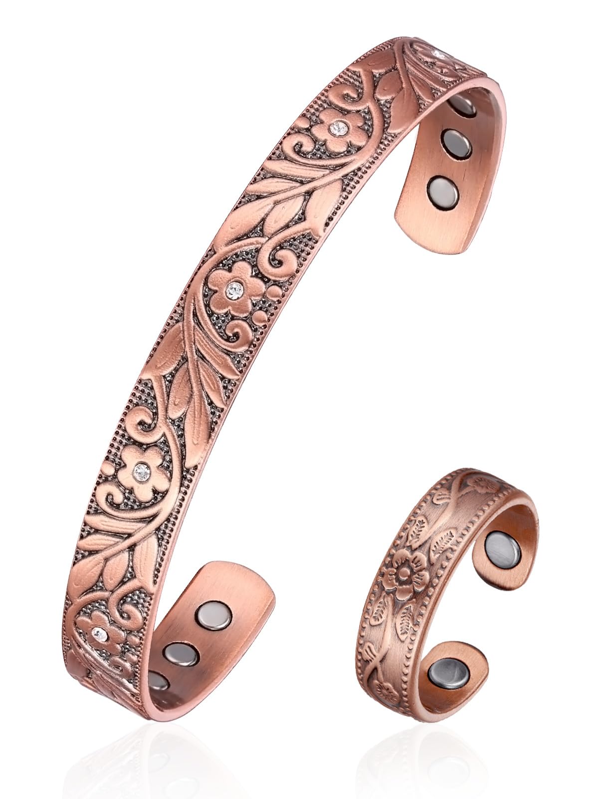 BioMag Copper Magnetic Bracelet Set for Women Men, Pure Copper Jewelry Gift | 99.99% Pure Copper Cuff Bangle Lymphatic Drainage Rings with 3500 Gauss Magnets, Adjustable & Flower Pattern, Multicolor