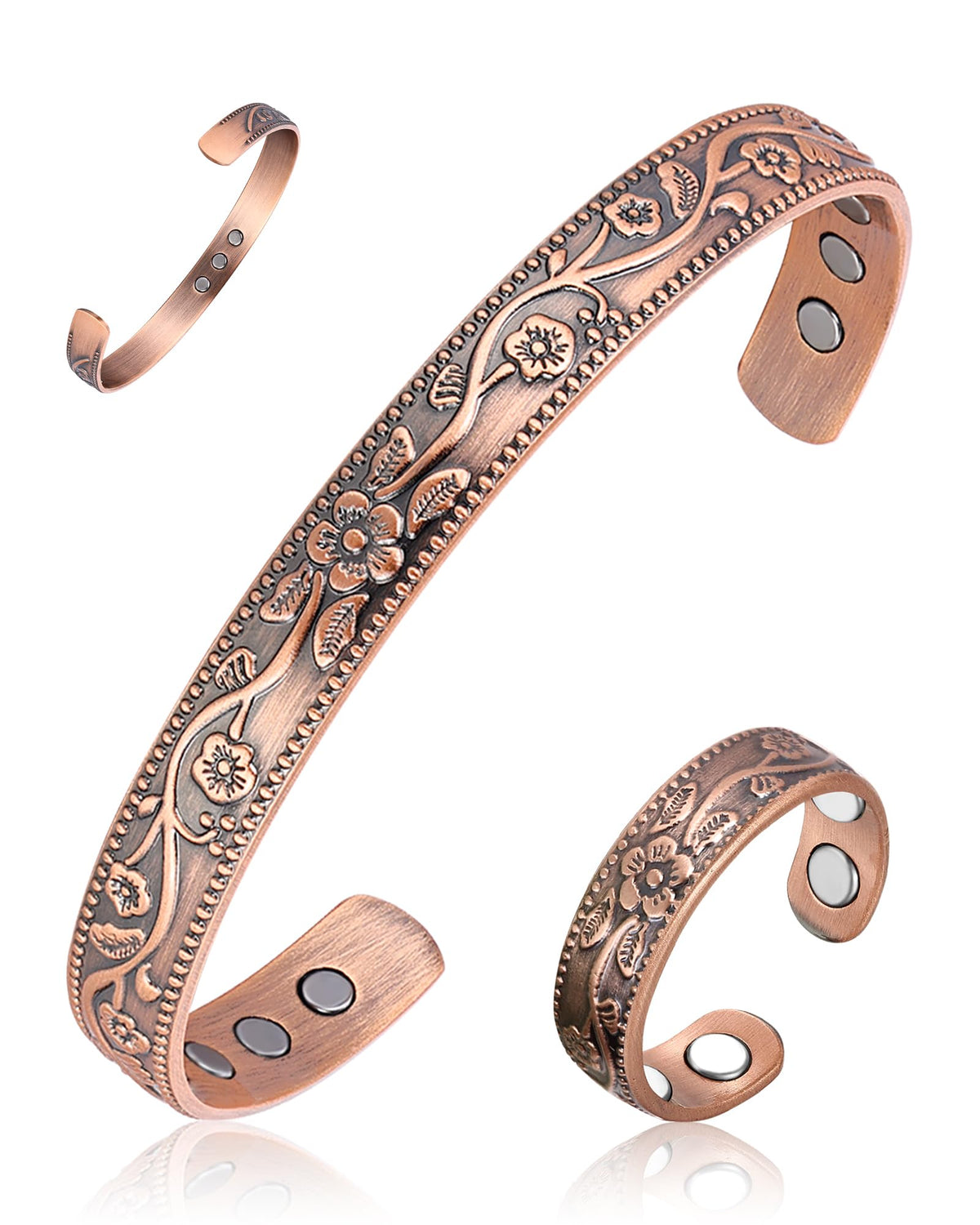 BioMag Copper Magnetic Bracelet Set for Women Men, Pure Copper Jewelry Gift | 99.99% Pure Copper Cuff Bangle Lymphatic Drainage Rings with 3500 Gauss Magnets, Adjustable & Flower Pattern, Multicolor