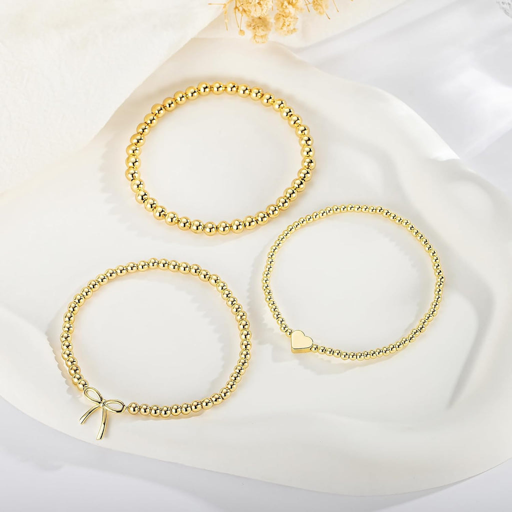 3PCS 14K Gold Plated Beaded Stretch Bracelet for Women Teen Girls | Stacked Beaded Bracelet Set, Dainty Bow Cross Heart Wave CZ Charm, Waterproof, 7 Inch Elastic, Teen Girls Summer Jewelry