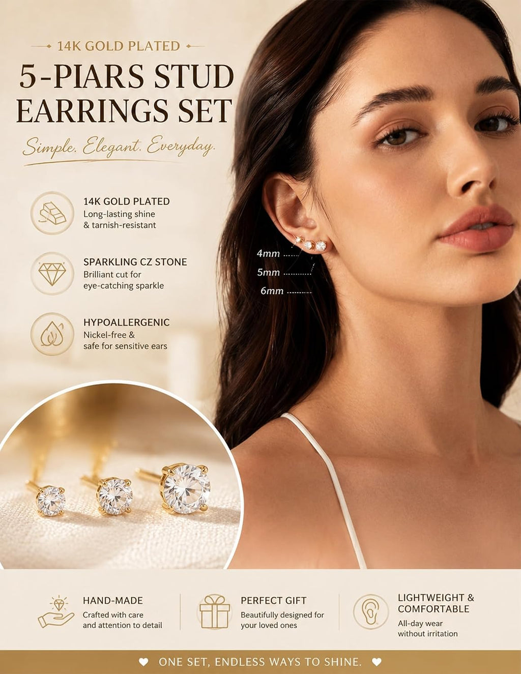 5 Pairs 14K Gold Plated Stud Earrings for Women, CZ Multiple Piercing Set | Hypoallergenic CZ Stud Earrings Set, 3-7mm Cubic Zirconia, Lightweight Comfortable Studs, Non Tarnish Jewelry, Gift for Women