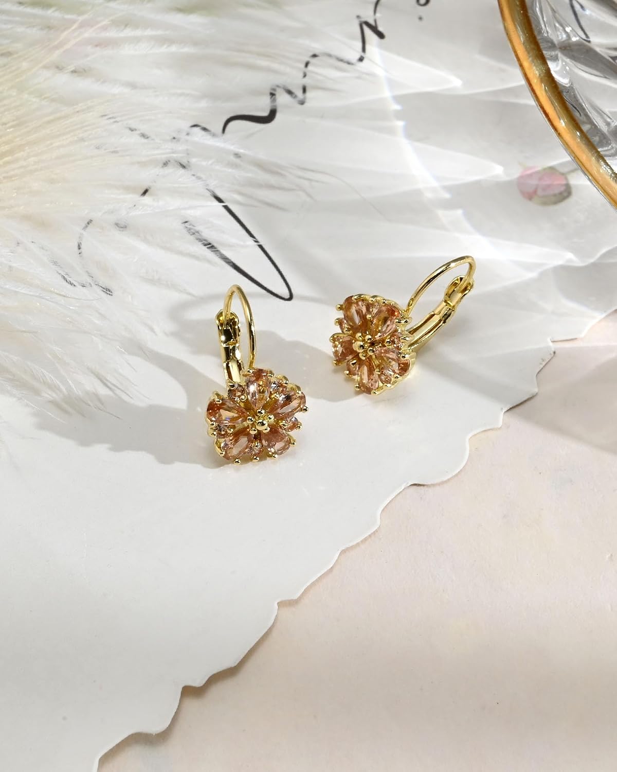 Vintage 14K Gold Plated Flower Birthstone Earrings | Hypoallergenic Leverback Floral Earrings, Trendy Jewelry Gifts for Women