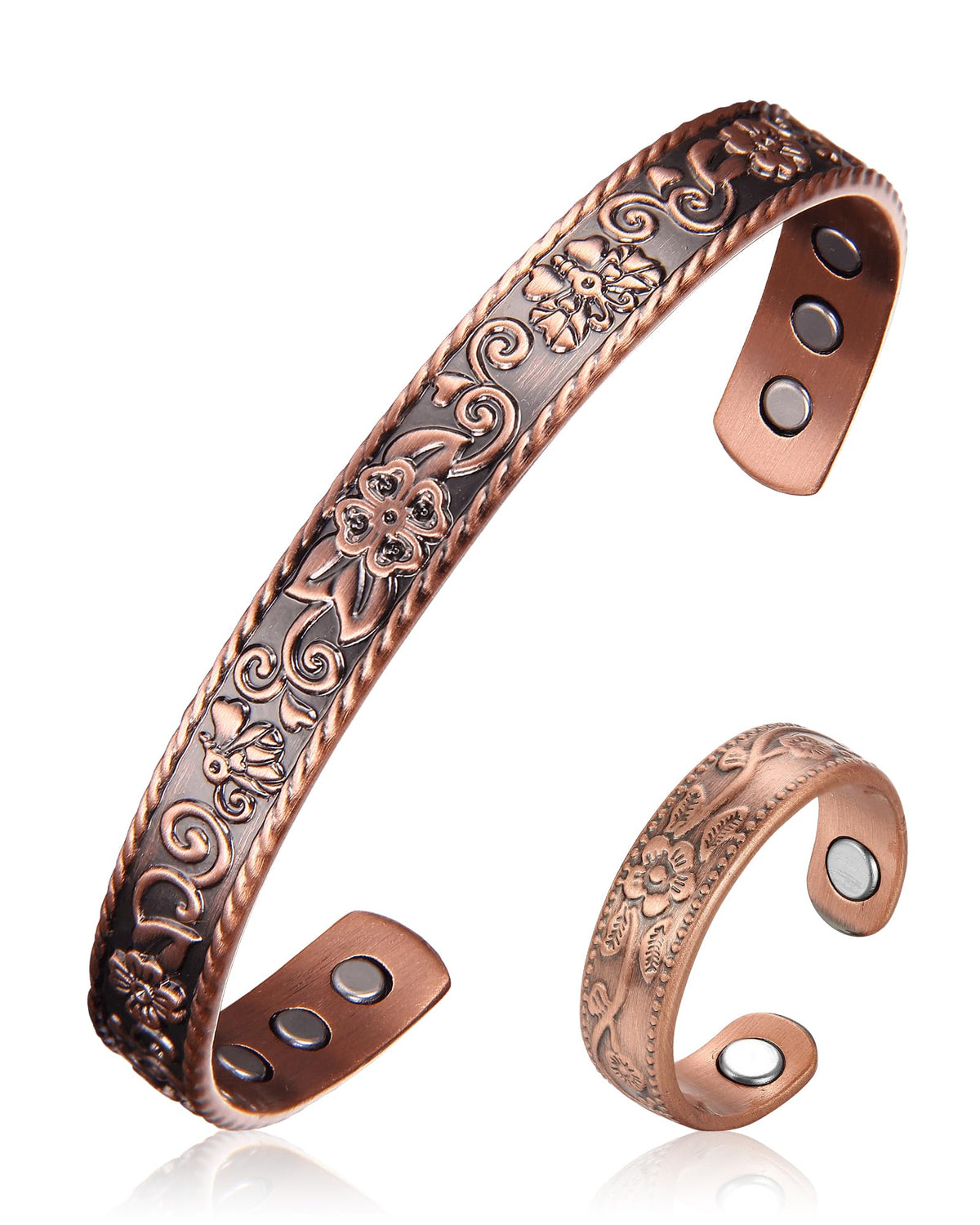 BioMag Copper Magnetic Bracelet Set for Women Men, Pure Copper Jewelry Gift | 99.99% Pure Copper Cuff Bangle Lymphatic Drainage Rings with 3500 Gauss Magnets, Adjustable & Flower Pattern, Multicolor