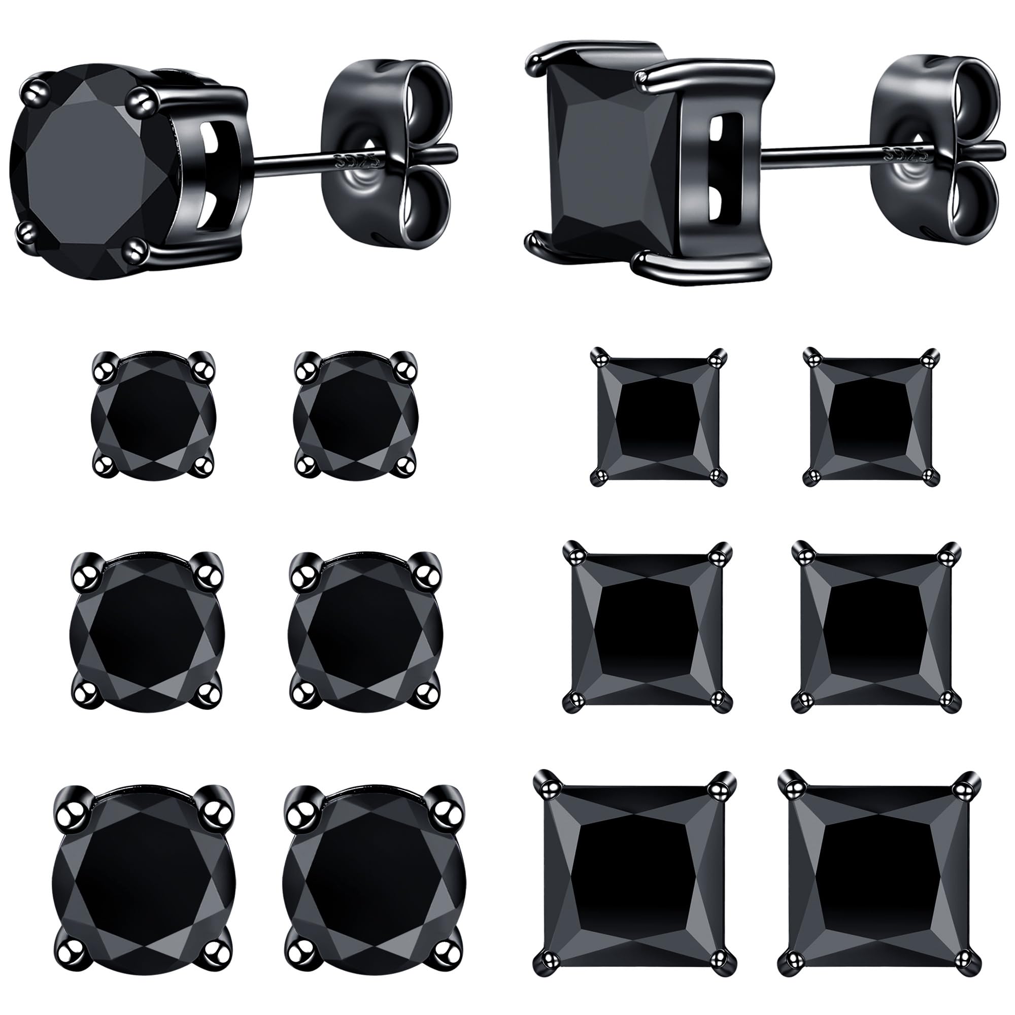 6 Pairs Stud Earrings for Men Women 316L Stainless Steel Earring | Hypoallergenic 3mm/5mm/7mm Princess & Round Cubic Zirconia Earring Set Surgical Steel CZ Ear Jewelry for Sensitive ears