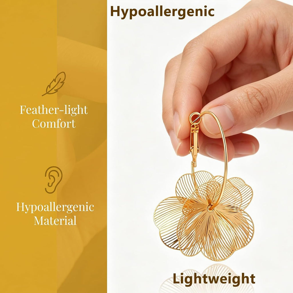 Gold Silver Flower Dangle Earrings for Women | Cute Statement Trendy Floral Drop Earrings, Boho Fashion Lightweight Hoop Jewelry Gift, Hypoallergenic for Sensitive Ears