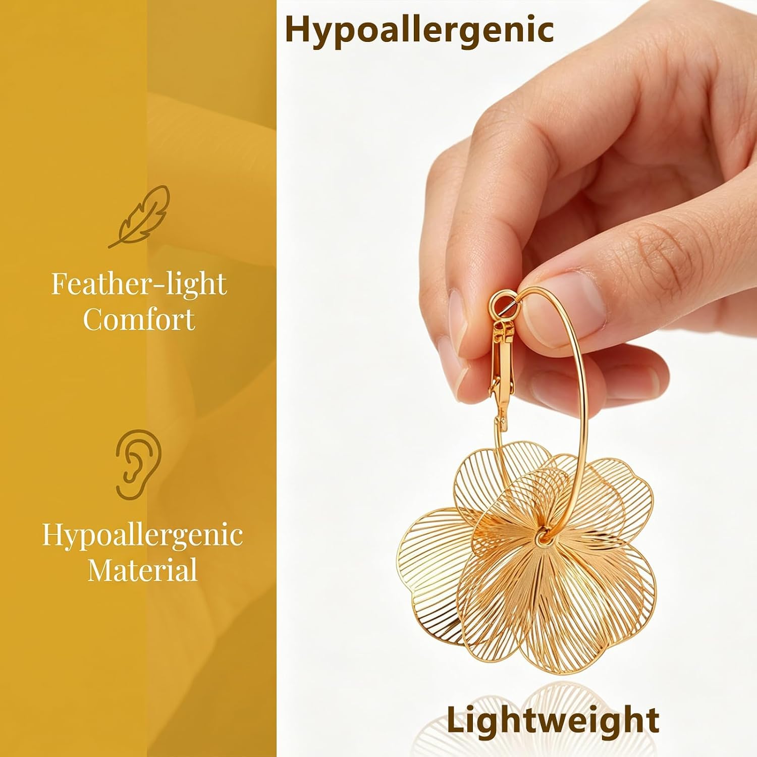 Gold Silver Flower Dangle Earrings for Women | Cute Statement Trendy Floral Drop Earrings, Boho Fashion Lightweight Hoop Jewelry Gift, Hypoallergenic for Sensitive Ears