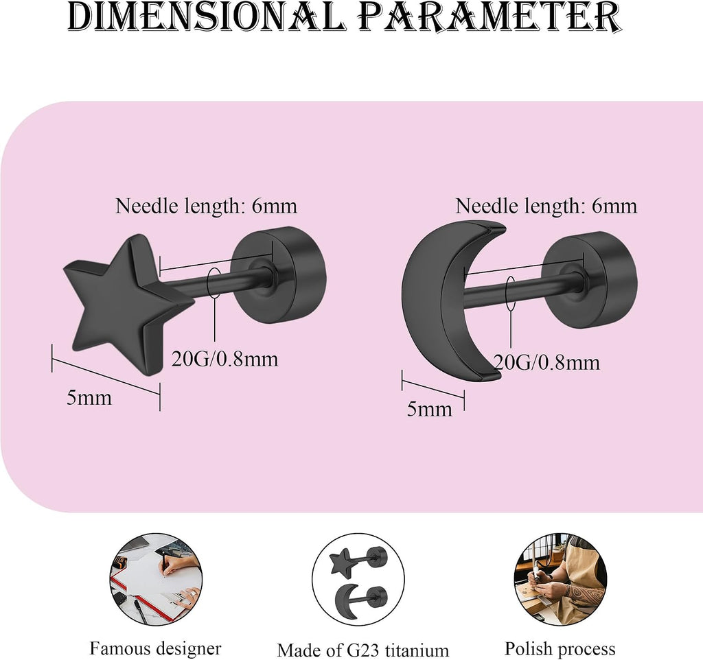 2 Pairs Flat Back Earrings Women, Titanium Star and Moon Earrings, Heart & CZ Flatback Stud, Butterfly & Lightning Screw Back, Crosses and Triangles Stud, Gold/Pink/Silver/Black Options