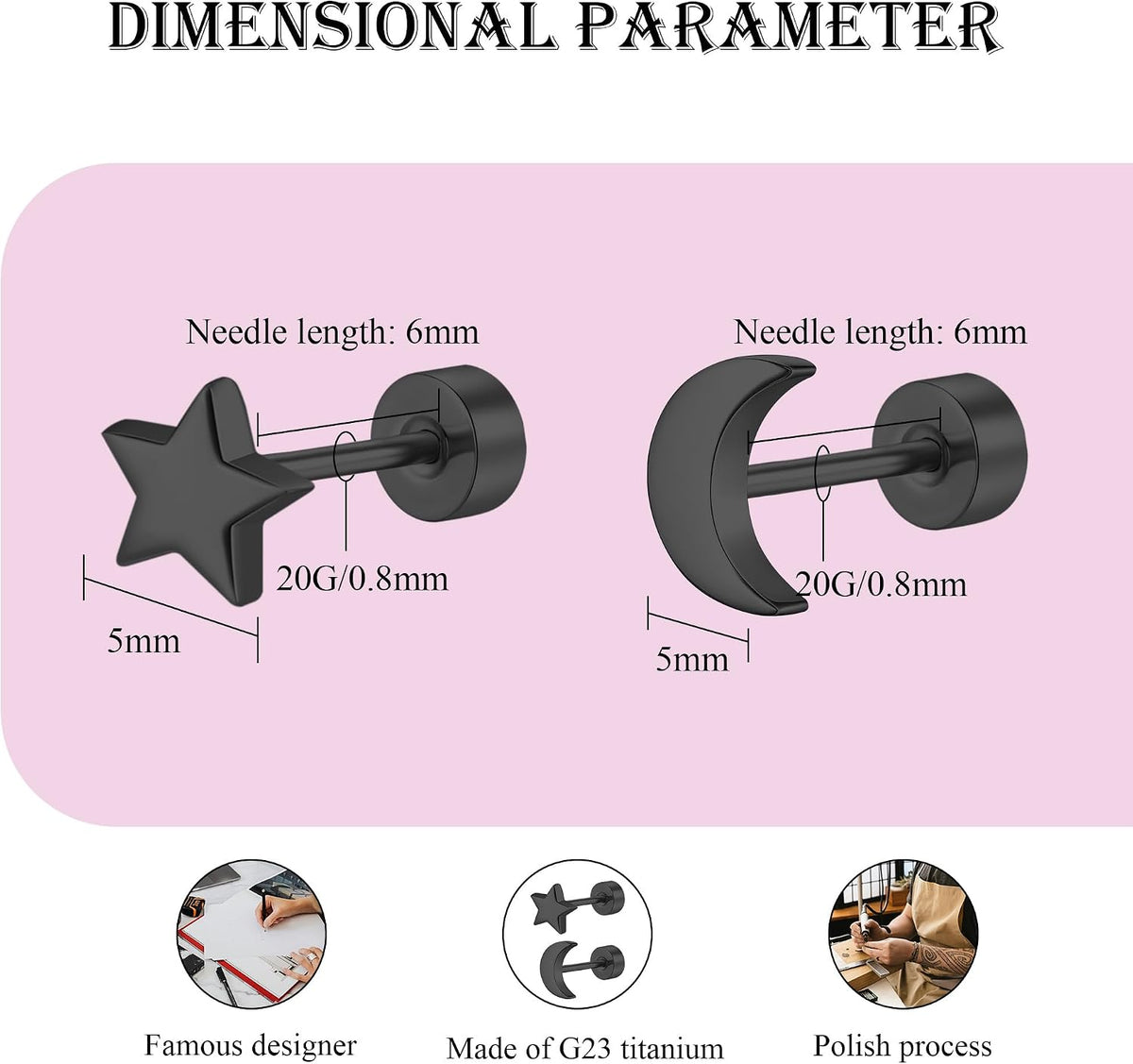 2 Pairs Flat Back Earrings Women, Titanium Star and Moon Earrings, Heart & CZ Flatback Stud, Butterfly & Lightning Screw Back, Crosses and Triangles Stud, Gold/Pink/Silver/Black Options