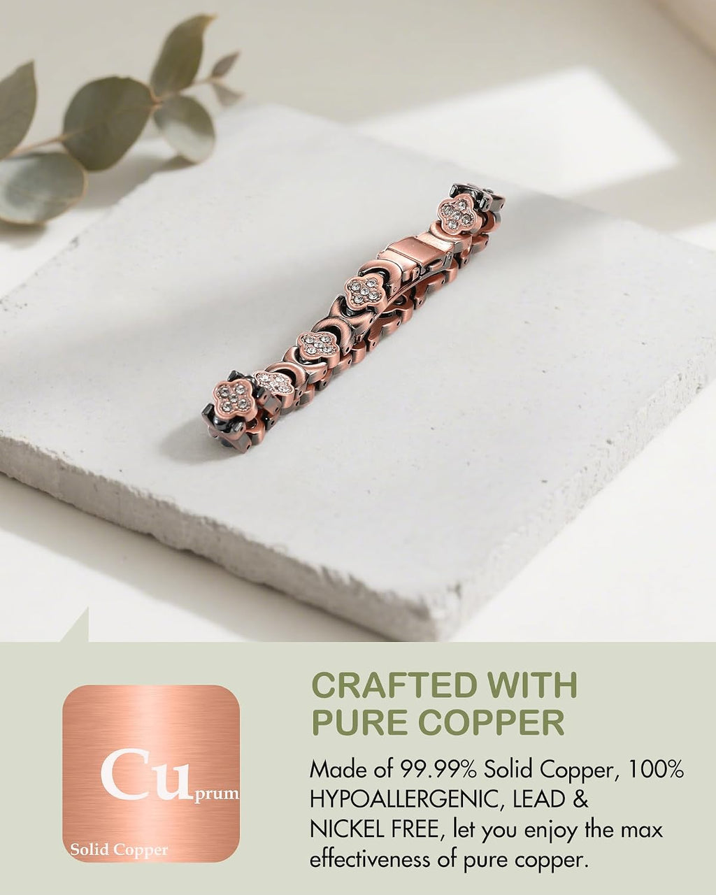 Feraco Pure Copper Bracelets for Women, Ultra Strength Magnetic Bracelet | Neodymium Magnets & Sparkling Cubic Zirconia, Adjustable, Infinite Clover Jewelry