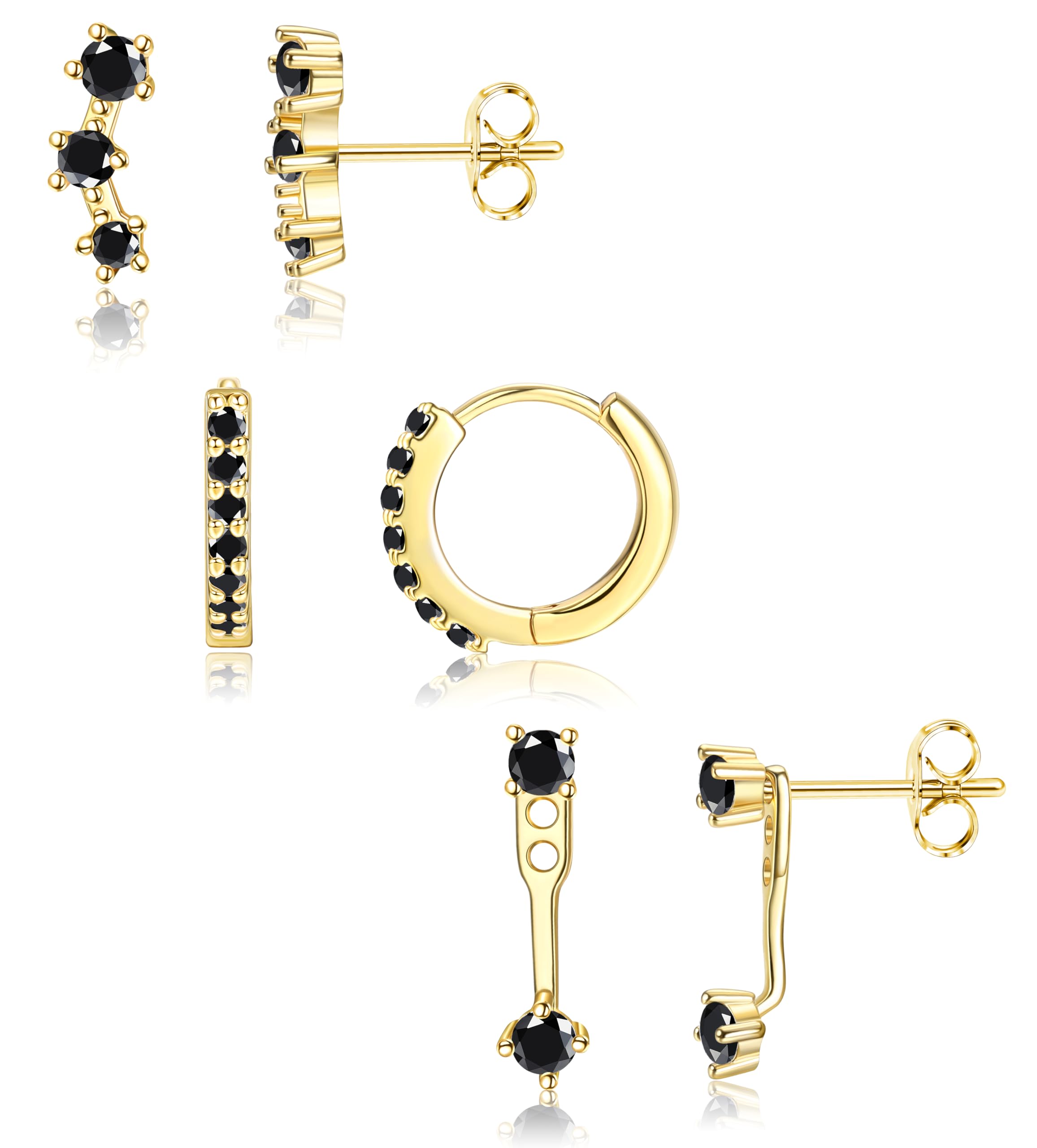 3 Pairs 925 Sterling Silver Hypoallergenic Earrings for Women Trendy - 14K Gold Plated Stud Hoop Cartilage Earrings Set Small Earring Stacks for Sensitive Ears Non Tarnish Dainty Silver Earring
