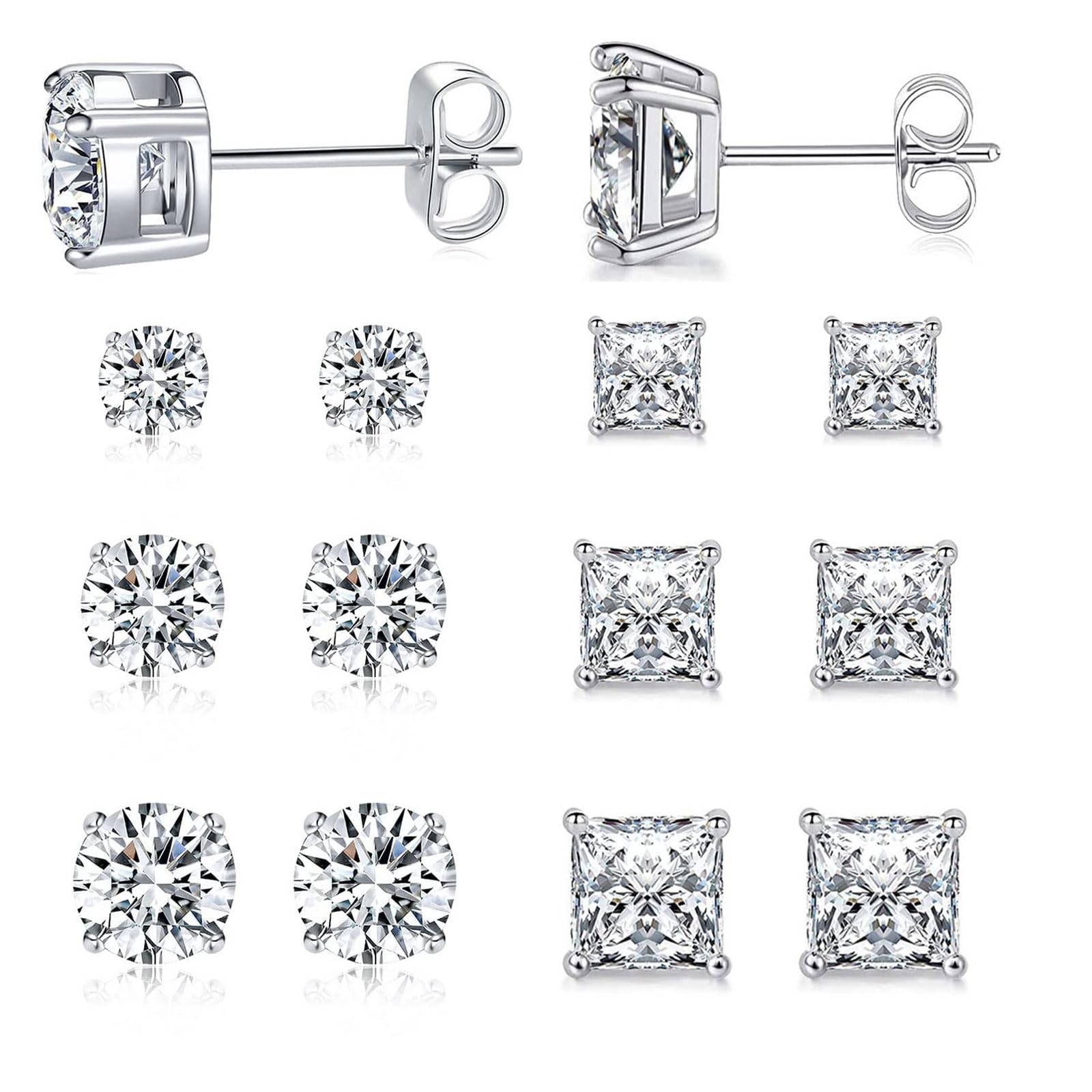 6 Pairs Stud Earrings for Men Women 316L Stainless Steel Earring | Hypoallergenic 3mm/5mm/7mm Princess & Round Cubic Zirconia Earring Set Surgical Steel CZ Ear Jewelry for Sensitive ears