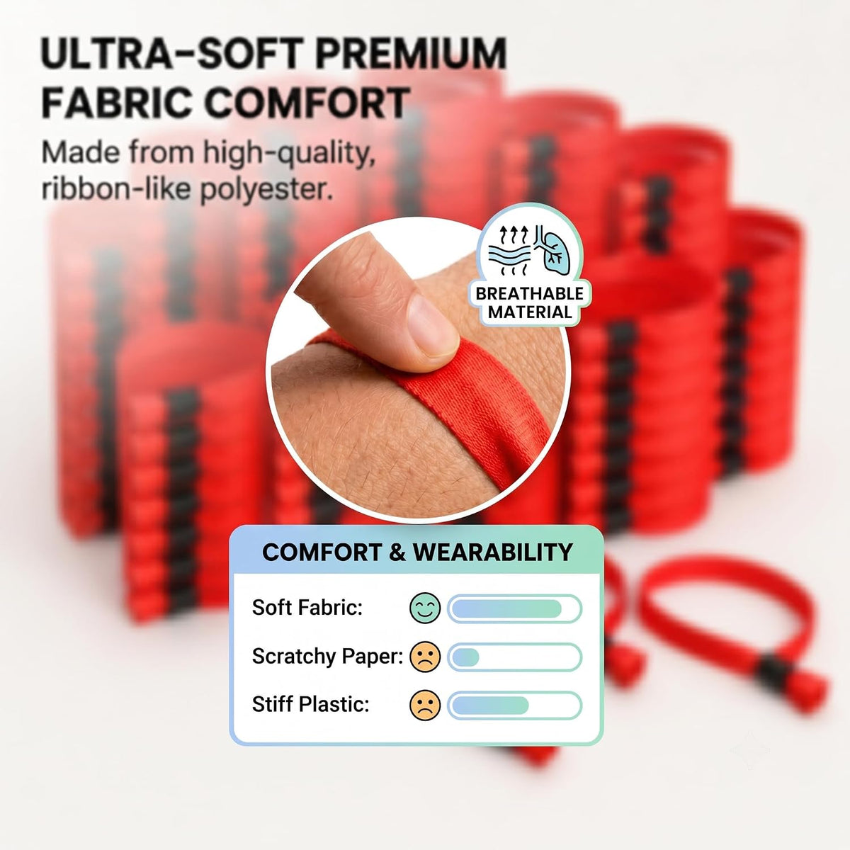 120 Pack Fabric Event Wristbands with Secure One-Time Plastic Lock - 13.78 Inches Adjustable Cloth Security Bracelets for Music Festivals, Nightclubs, Schools, VIP Access, Parties (Red)