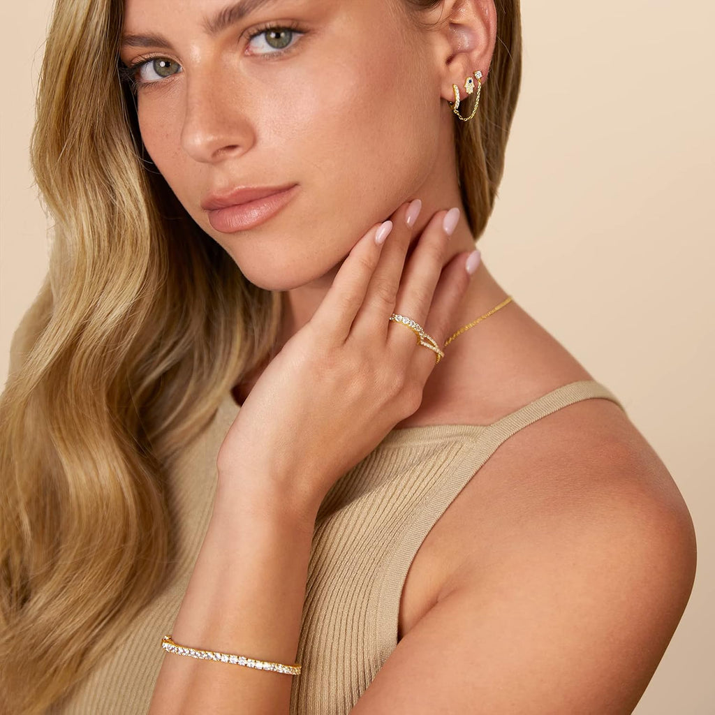 PAVOI 14K Gold Chain Earrings for Women | Double Piercing Dangle Chain Huggie Hoop Earrings | Cubic Zirconia Pearl Stud Ear Earrings for Women | Dangle Earrings for Women, Earring Stack, Ear Cuff Earrings, Cubic Zirconia Pearl Stud