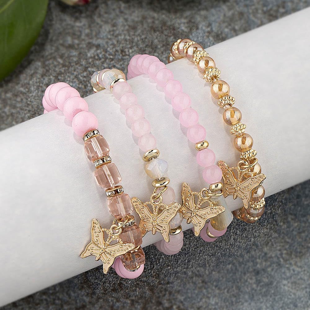 4 Pcs Cute Butterfly Charm Bracelets Set Gold Beaded Stackable Stretch Bracelets Bohemian Summer Jewelry Gifts for Women