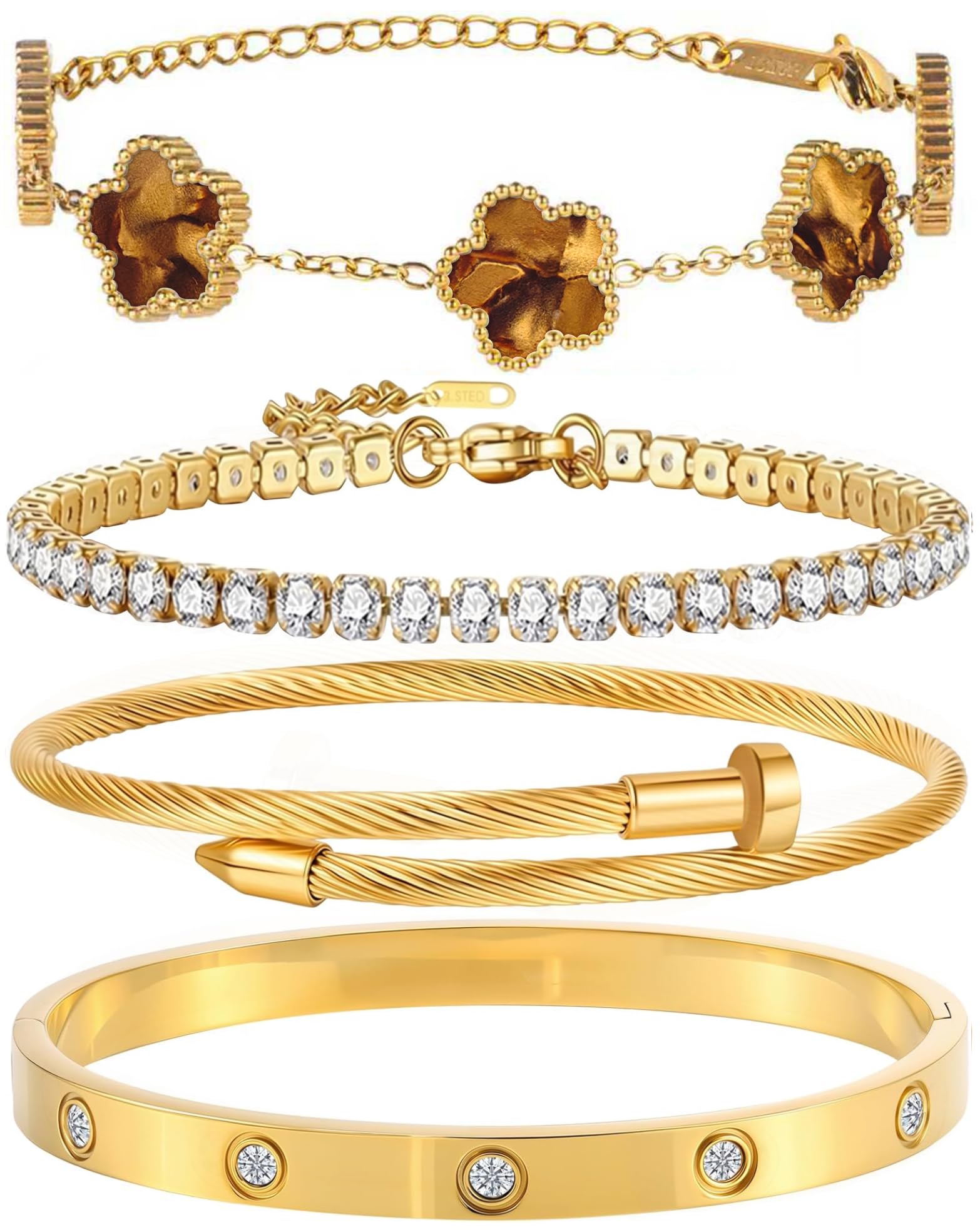 18K Gold Plated Bangle Bracelet Set for Women Stackable Lucky Floral Adjustable Tennis Bracelet Non Tarnish Gift Jewelry for Christmas Valentines Birthday Mother's Day