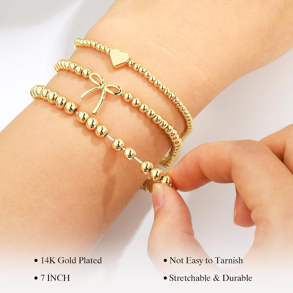 3PCS 14K Gold Plated Beaded Stretch Bracelet for Women Teen Girls | Stacked Beaded Bracelet Set, Dainty Bow Cross Heart Wave CZ Charm, Waterproof, 7 Inch Elastic, Teen Girls Summer Jewelry