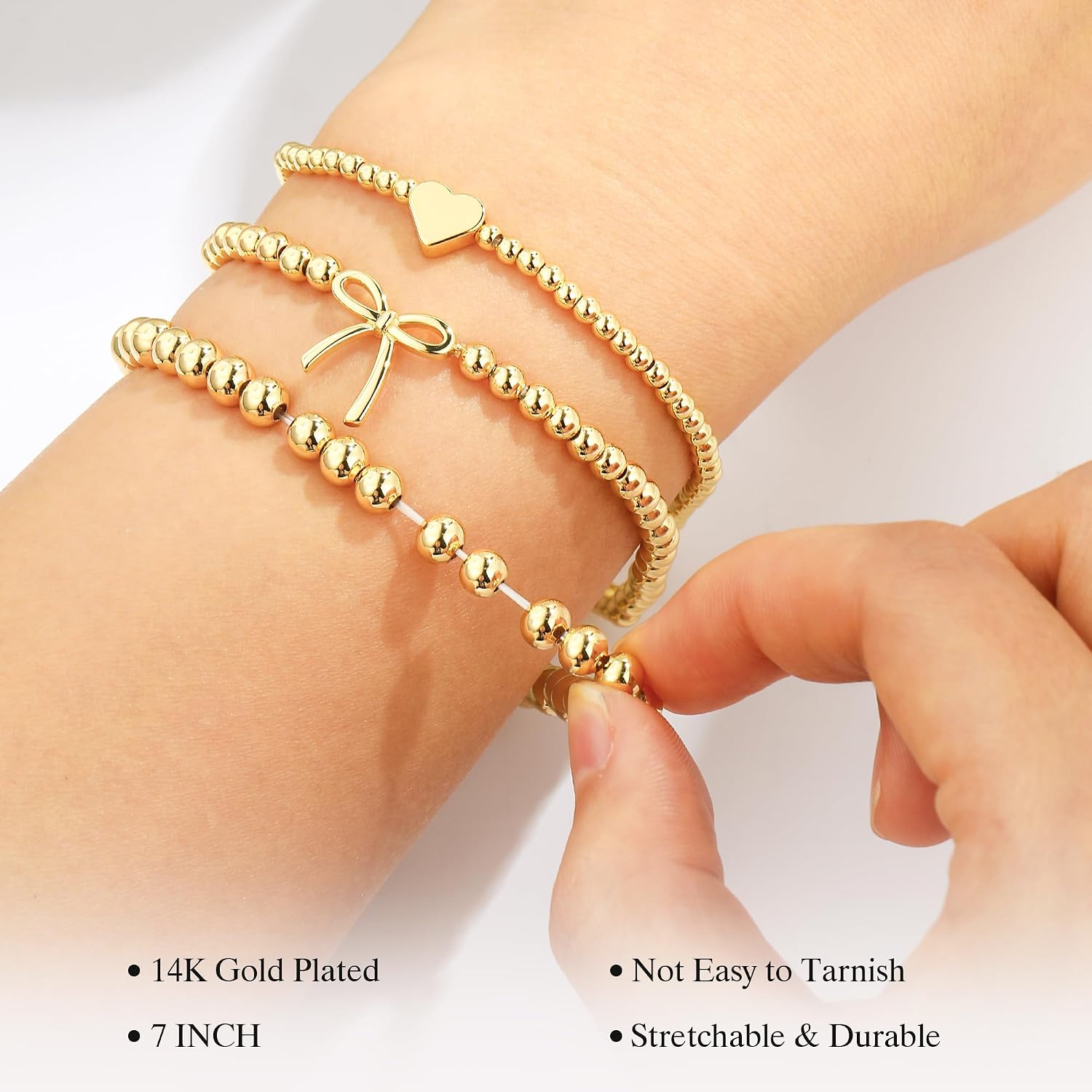 3PCS 14K Gold Plated Beaded Stretch Bracelet for Women Teen Girls | Stacked Beaded Bracelet Set, Dainty Bow Cross Heart Wave CZ Charm, Waterproof, 7 Inch Elastic, Teen Girls Summer Jewelry
