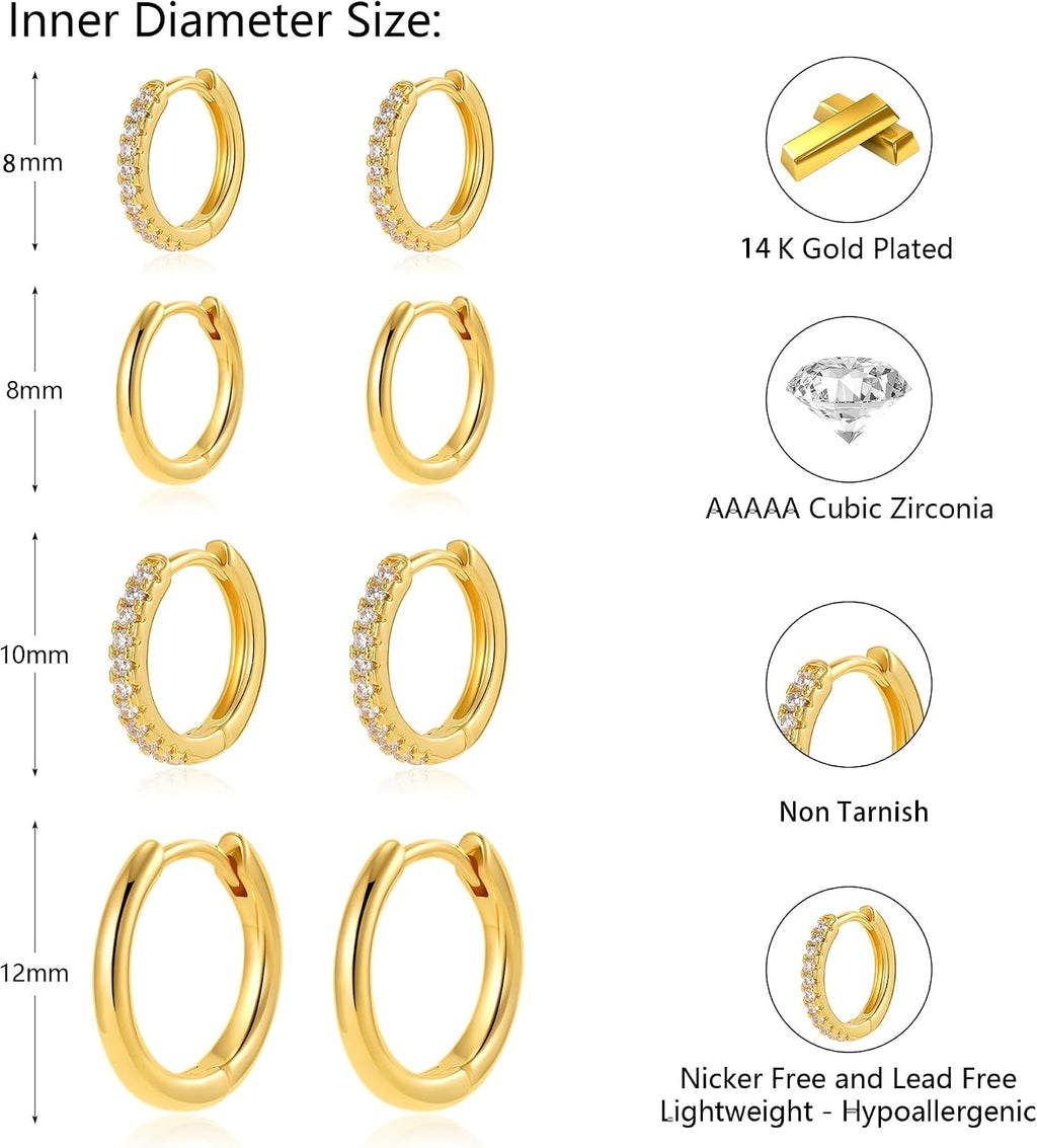 4 Pair Small Gold Hoop Earrings for Women Sensitive Ears - Hypoallergenic 14k Real Gold Plated Hoops Zirconia Cartilage Huggie Earrings Set Helix Piercing Earring Gold Jewelry for Women Gift