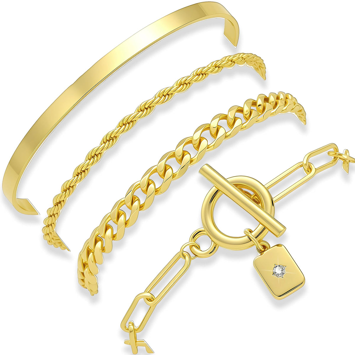 10 Pcs 14K Gold Plated Bracelet for Women, Dainty Stackable Chain Set | Bracelet Stack, Mixed Styles, Paperclip, Heart Link, Lightweight for Daily Wear, Hypoallergenic, Ideal Gift