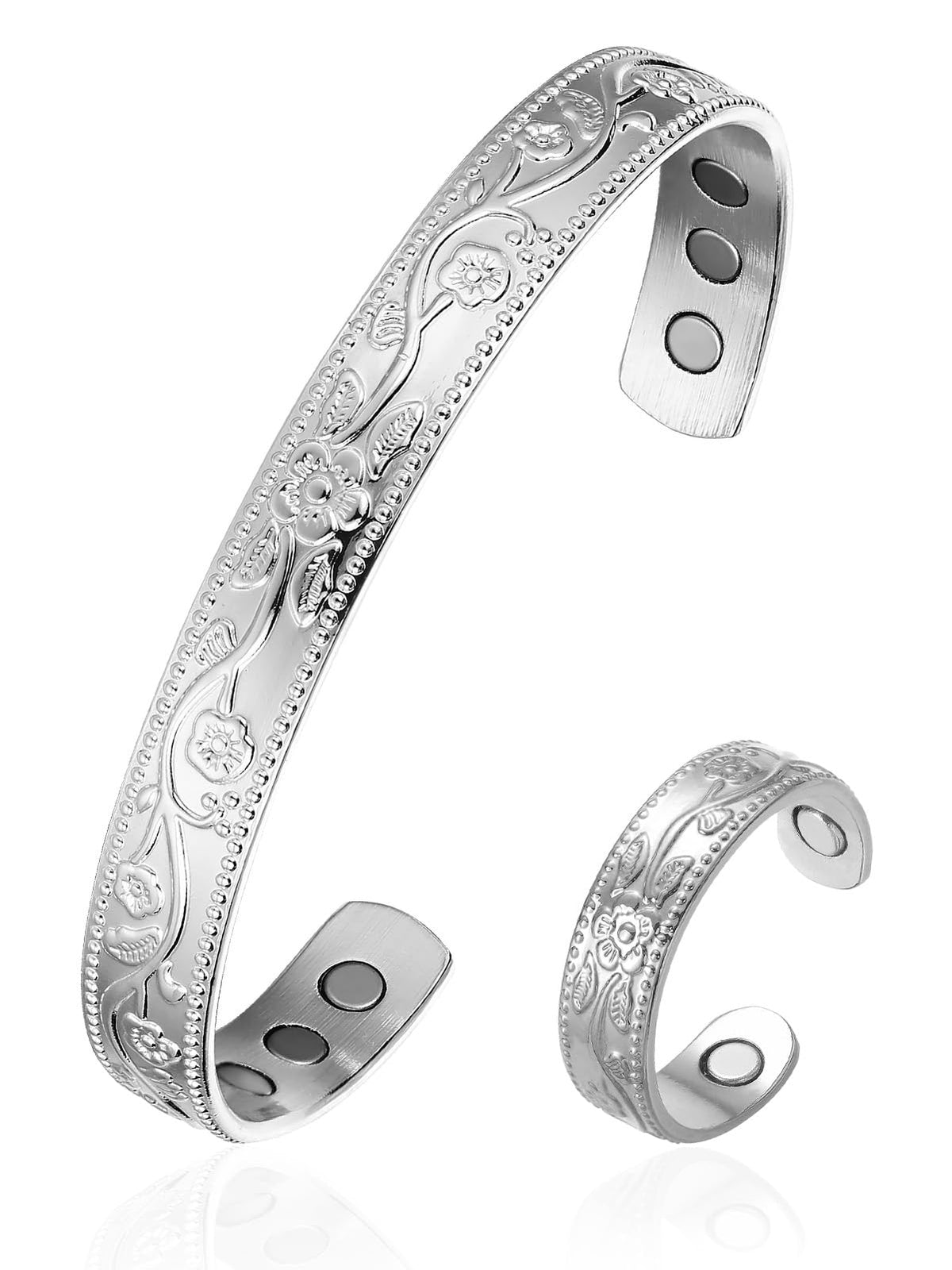 BioMag Copper Magnetic Bracelet Set for Women Men, Pure Copper Jewelry Gift | 99.99% Pure Copper Cuff Bangle Lymphatic Drainage Rings with 3500 Gauss Magnets, Adjustable & Flower Pattern, Multicolor