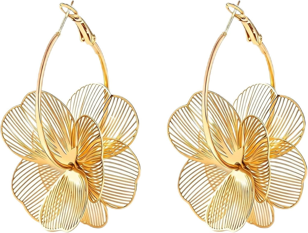 Dangle Flower Gold Earrings for Women, Trendy Statement Hoop Earrings Gifts | Lightweight/Tarnish-resistant