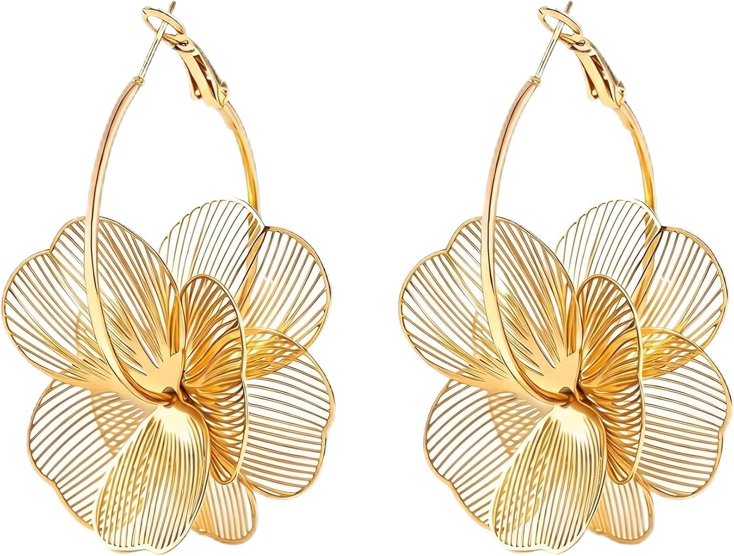 Dangle Flower Gold Earrings for Women, Trendy Statement Hoop Earrings Gifts | Lightweight/Tarnish-resistant