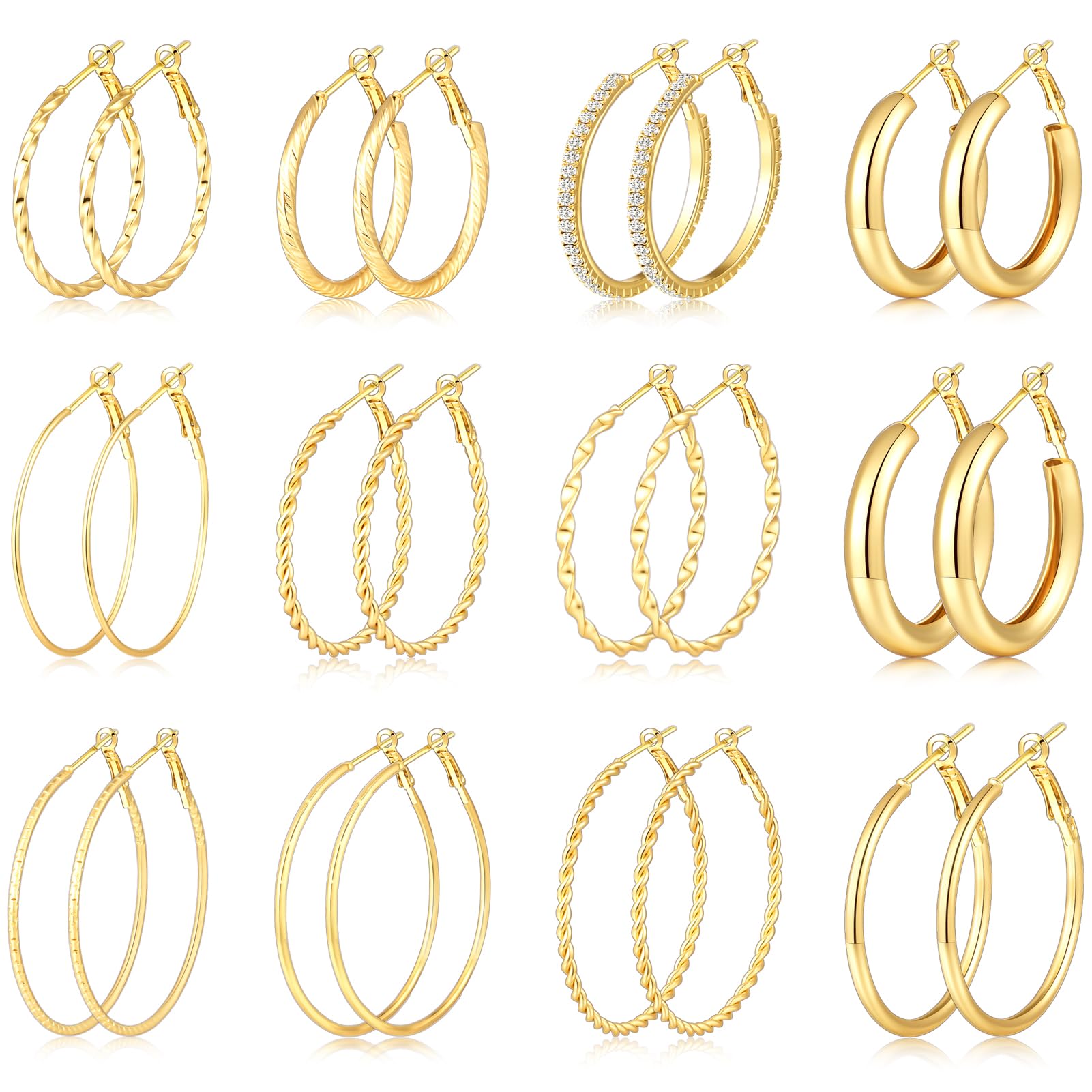 12 Pairs Gold Hoop Earrings Set for Women，Fashion Jewelry Gifts 40mm/50mm | Large/Big, Trendy, Pearl, Multiple Styles, lightweight, 14K Gold-plated, Hypoallergenic, Great for Party/Gathering/Work/Daily