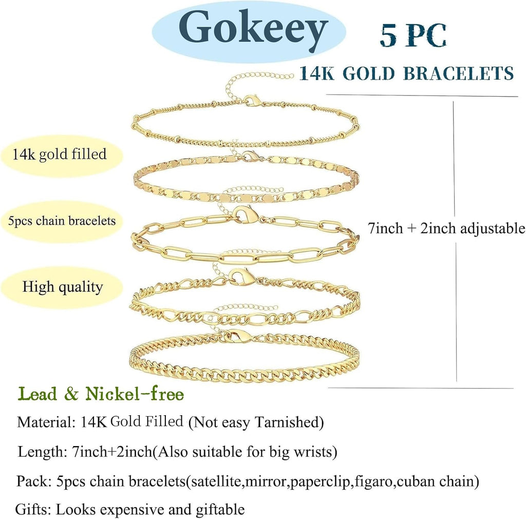 Gold Bracelets Set for Women Non Tarnish Trendy,14K Gold Plated Dainty Stackable Paperclip Cuban Link Chain Bracelets, Simple Cute Cuff Bracelets Jewelry Set Adjustable 7"+2"
