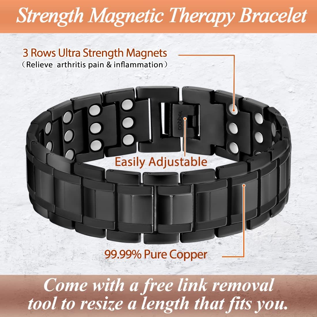 Copper Magnetic Bracelet for Men Strong Magnets Cooper Bracelet | Real Solid Pure Copper, Adjustable, with Sizing Tool & Present Box, Daily Wrist Comfort
