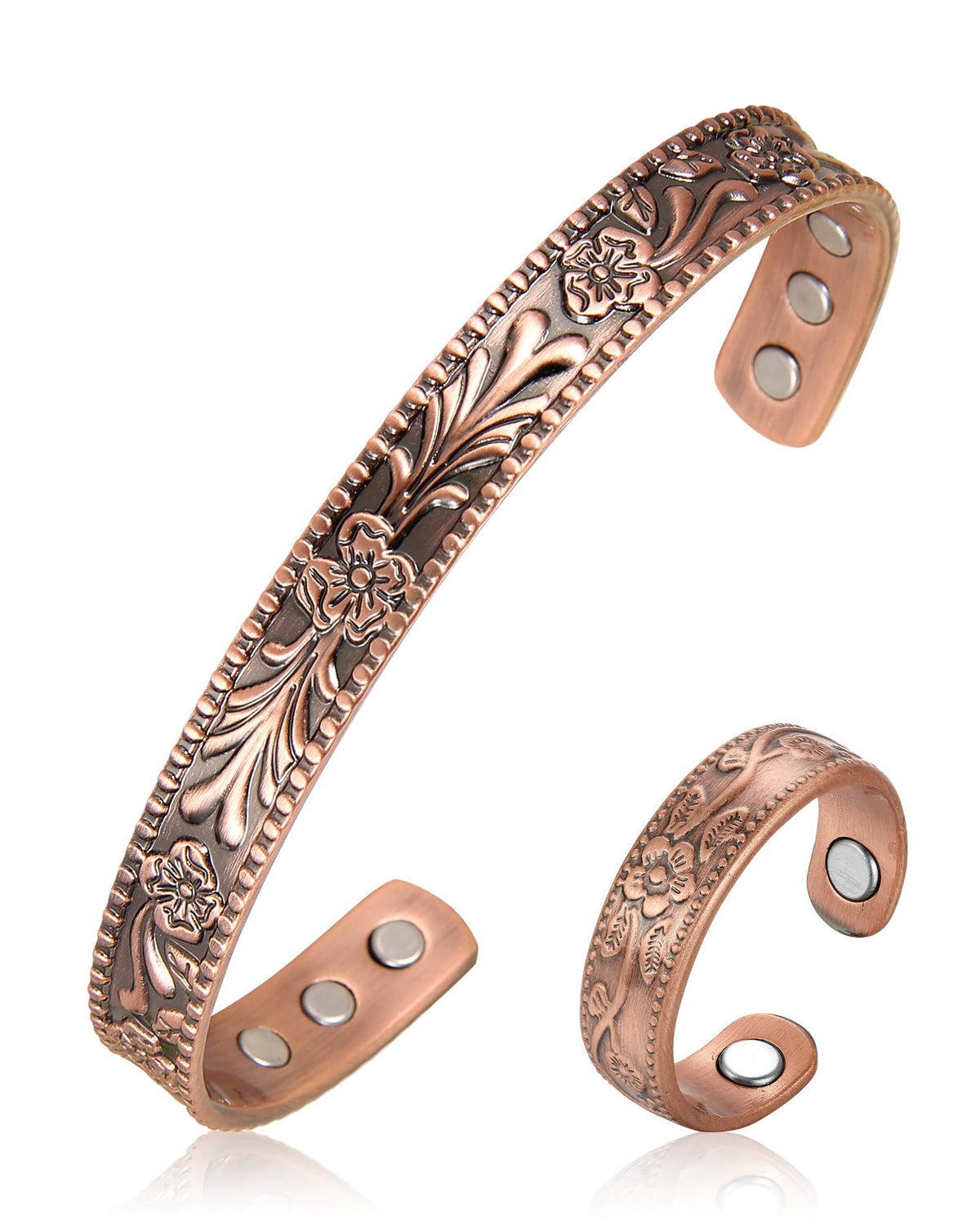 BioMag Copper Magnetic Bracelet Set for Women Men, Pure Copper Jewelry Gift | 99.99% Pure Copper Cuff Bangle Lymphatic Drainage Rings with 3500 Gauss Magnets, Adjustable & Flower Pattern, Multicolor