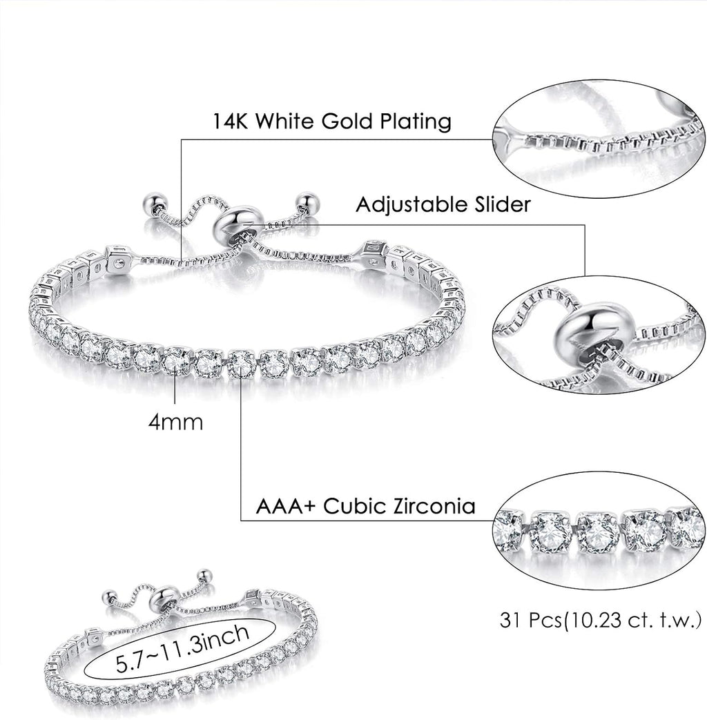 GEMOSA Tennis Bracelets for Women White Gold Plated Diamond | AAA+ Cubic Zirconia CZ Dainty Classic Adjustable Slider Bracelet Silver Fashion Jewelry Wedding Gift