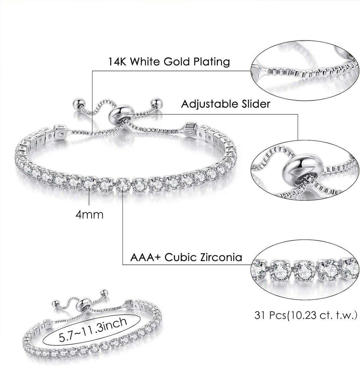 GEMOSA Tennis Bracelets for Women White Gold Plated Diamond | AAA+ Cubic Zirconia CZ Dainty Classic Adjustable Slider Bracelet Silver Fashion Jewelry Wedding Gift