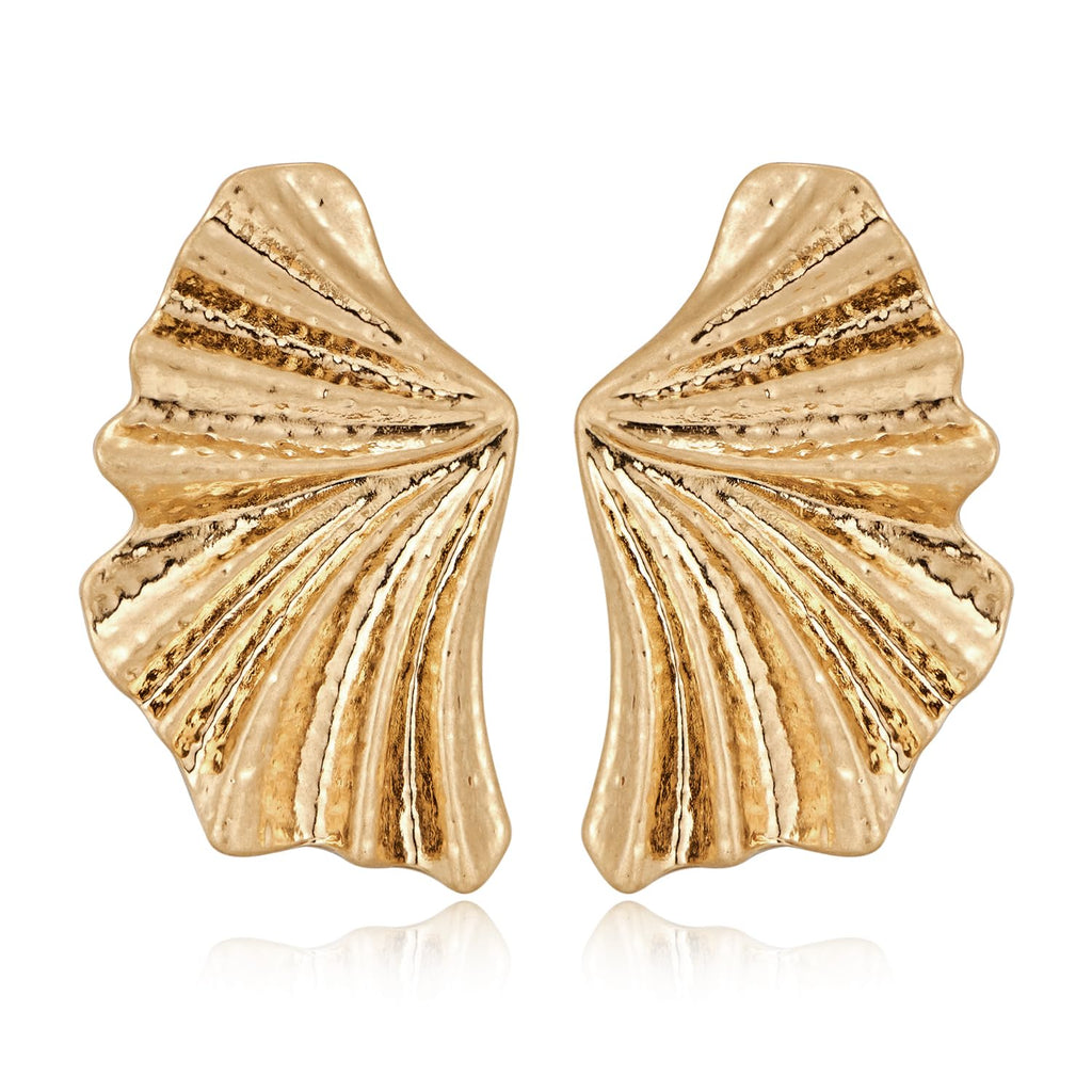 Chunky Gold Statement Earrings For Women Gold Plated Sectored Flower Leaf Shell Angel Wing Earrings Trendy Boho Jewelry For Women Large Stud Earrings Hypoallergenic Earrings Gold Jewelry Gift