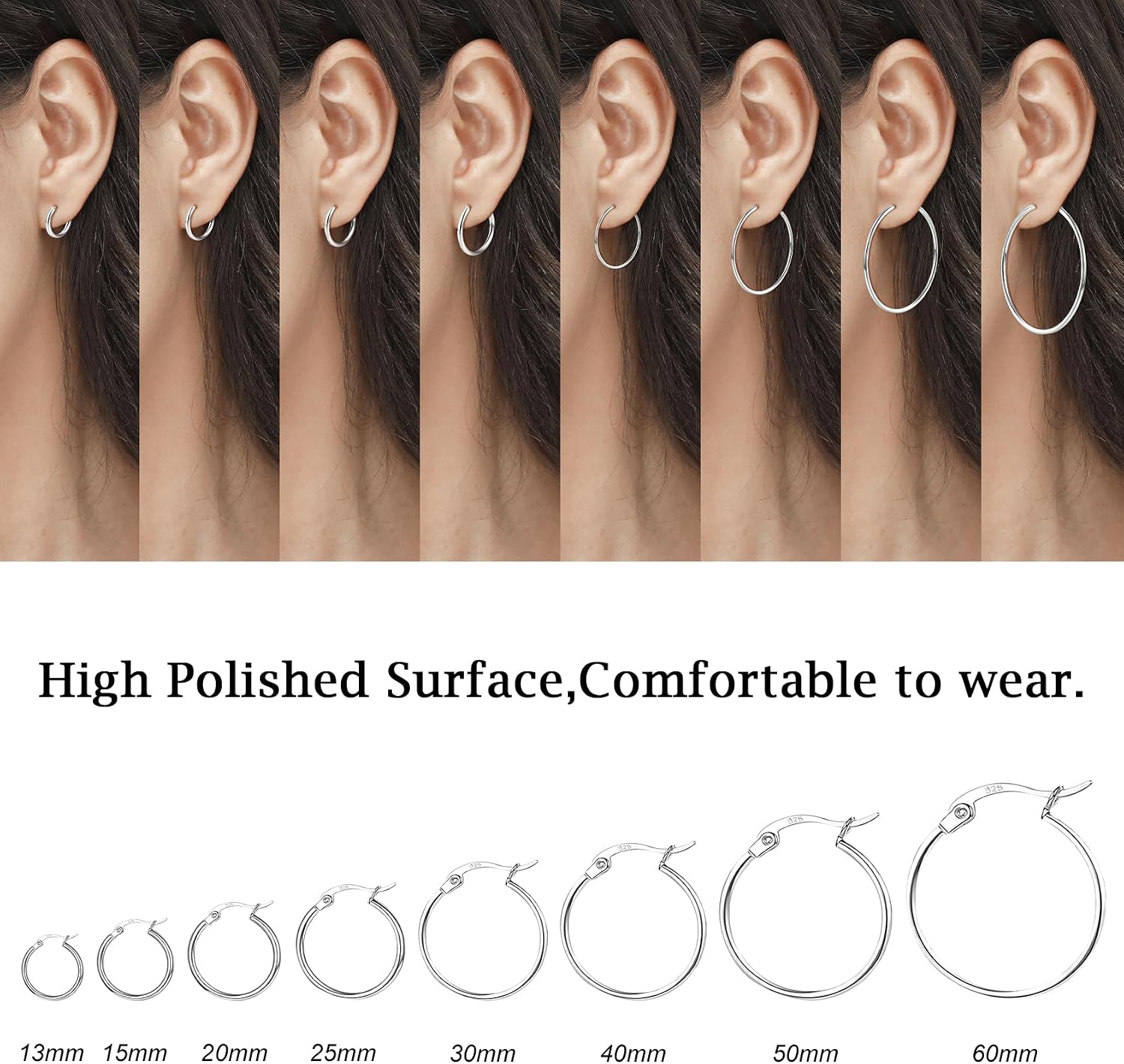 3 Pairs 925 Sterling Silver Hoop Earrings | Small White Gold Plated Hoop Earrings for Women (13mm,15mm,20mm，25mm,30mm,40mm,50mm,60mm)