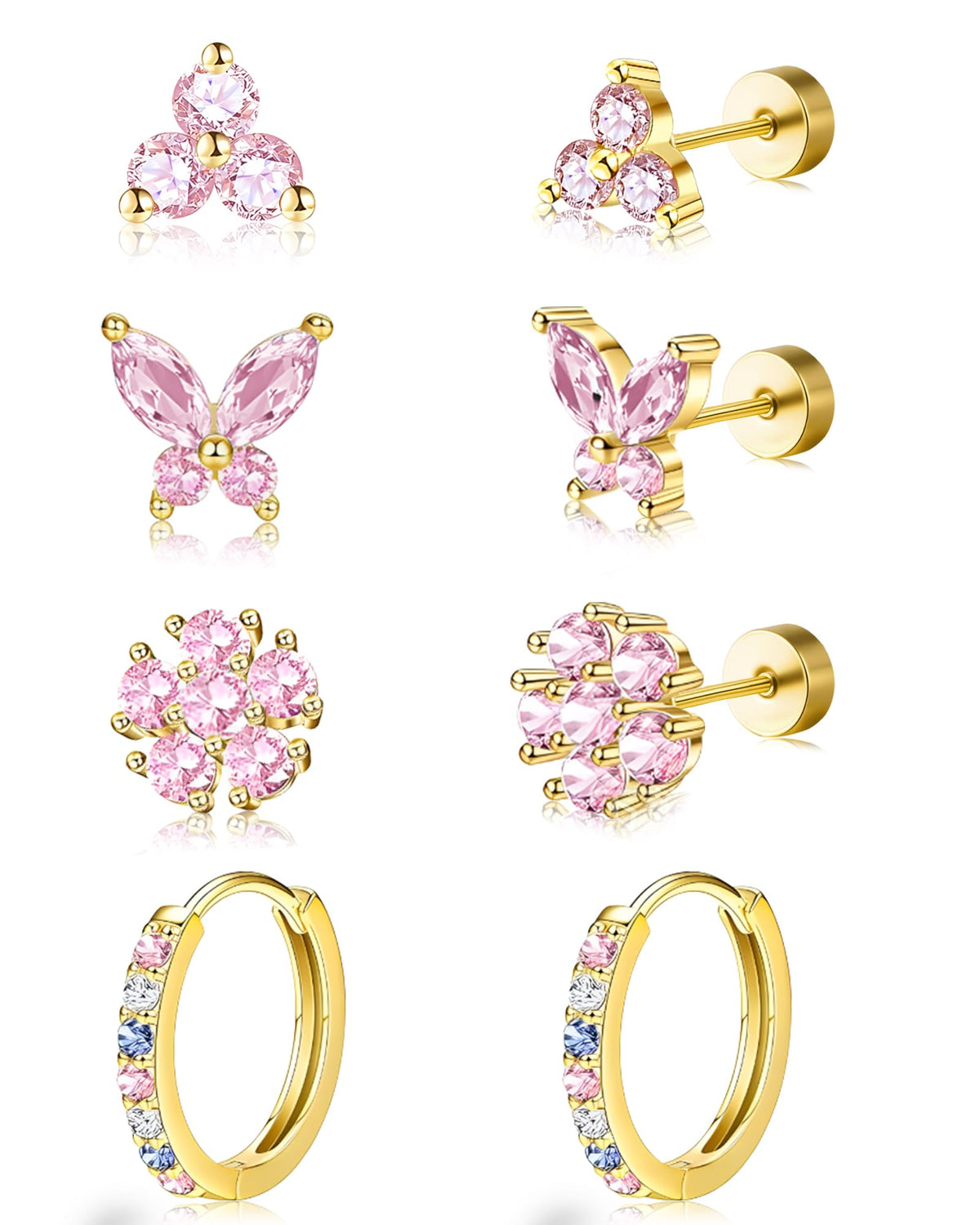 20G Gold Pink Studs Earrings for Women,14K Gold Plated Hypoallergenic Butterfly Earrings for Girls,4 Pairs Flower/Butterfly/Cubic Zirconia Cute Earring and Trendy Huggie Hoop Dainty Multipack Earring Sets
