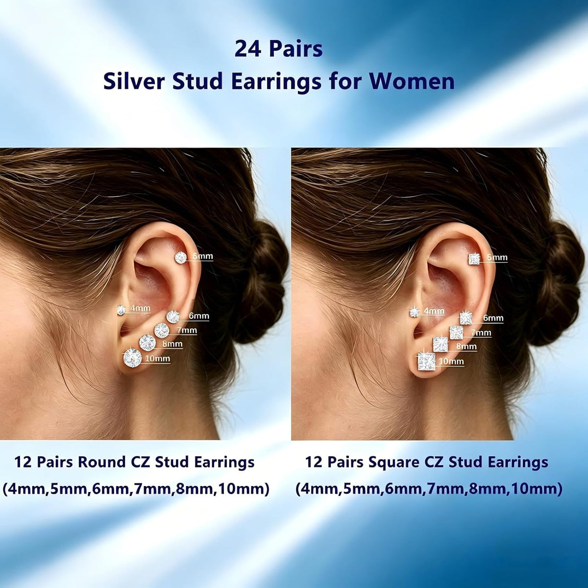 24 Pairs Cubic Zirconia Silver Stud Earrings Set for Women Men | Hypoallergenic, Flat Back Surgical Stainless Steel, Round & Square CZ Studs, Cartilage Earrings for Piercing Sensitive Ears