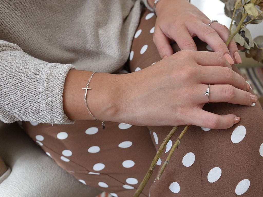 Dainty Sideways Cross Bracelet in Sterling Silver - Celebrity Style Horizontal Cross Bracelet