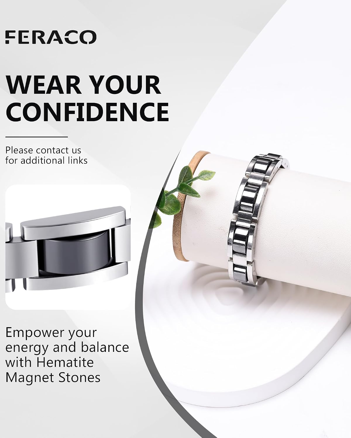 Feraco Mens Magnetic Bracelets,Titanium Stainless Steel Bracelet | Natural Hematite Stones,Fathers Day Jewelry Gifts,8.66 inch (Silver)