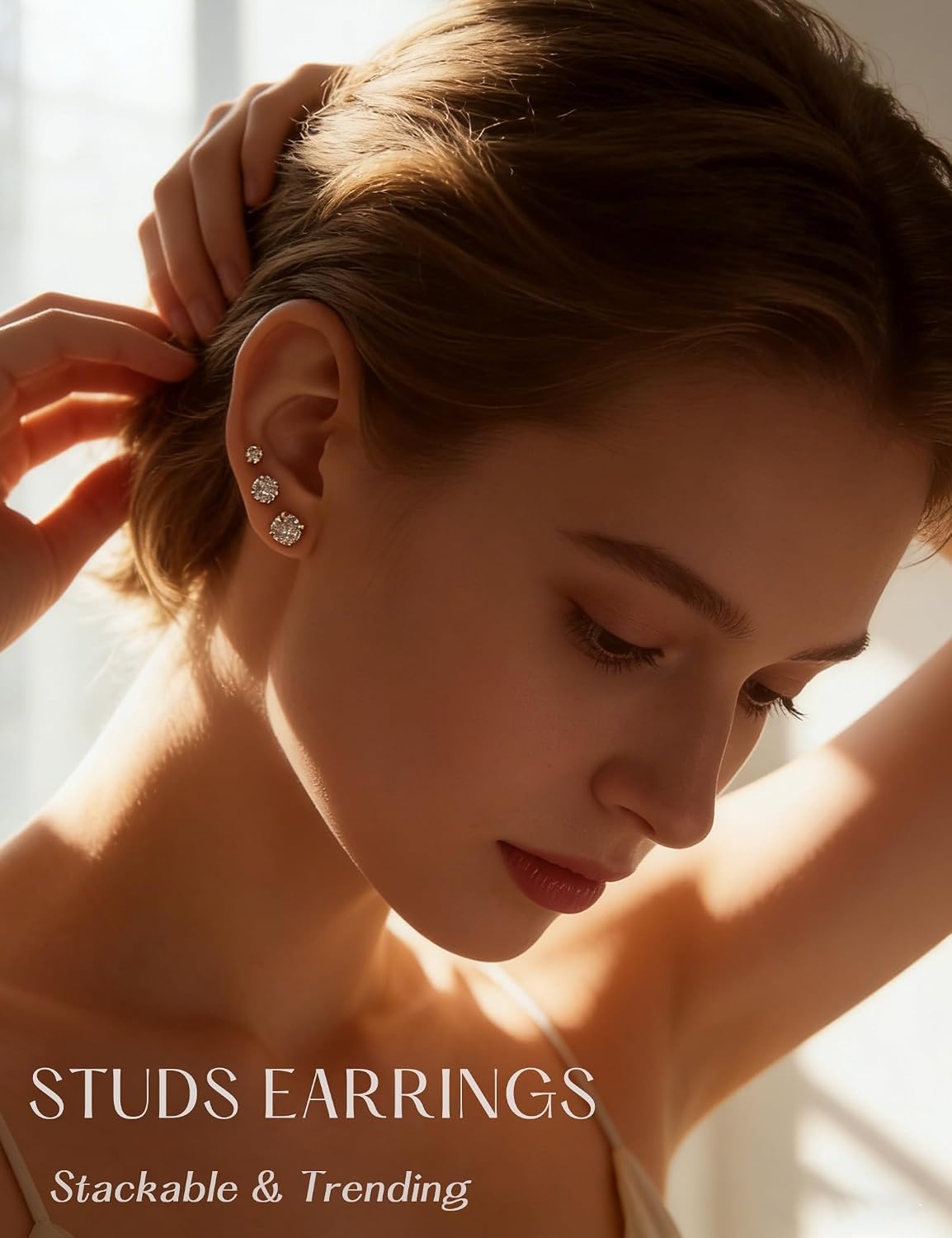5 Pairs 14K Gold Plated Stud Earrings for Women, CZ Multiple Piercing Set | Hypoallergenic CZ Stud Earrings Set, 3-7mm Cubic Zirconia, Lightweight Comfortable Studs, Non Tarnish Jewelry, Gift for Women
