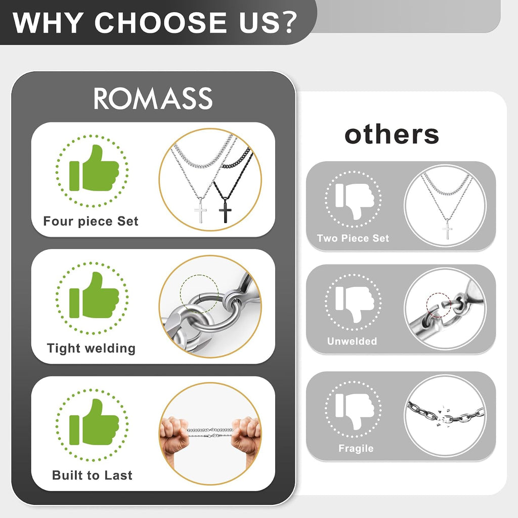 Romass 4Pcs Cross Necklace for Men Teen Boys,Stainless Steel Chains for Men Layered Necklaces Silver Gold Black Pendant Jewelry Box Gifts 18-24 Inches
