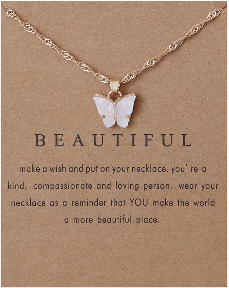 Caiyao Sweet Cute Colorful Butterfly Adjustable Clavicle Chain Lightweight Arcylic Insect Necklace with Message Card Friendship Good Luck Bohemian Jewelry for Women