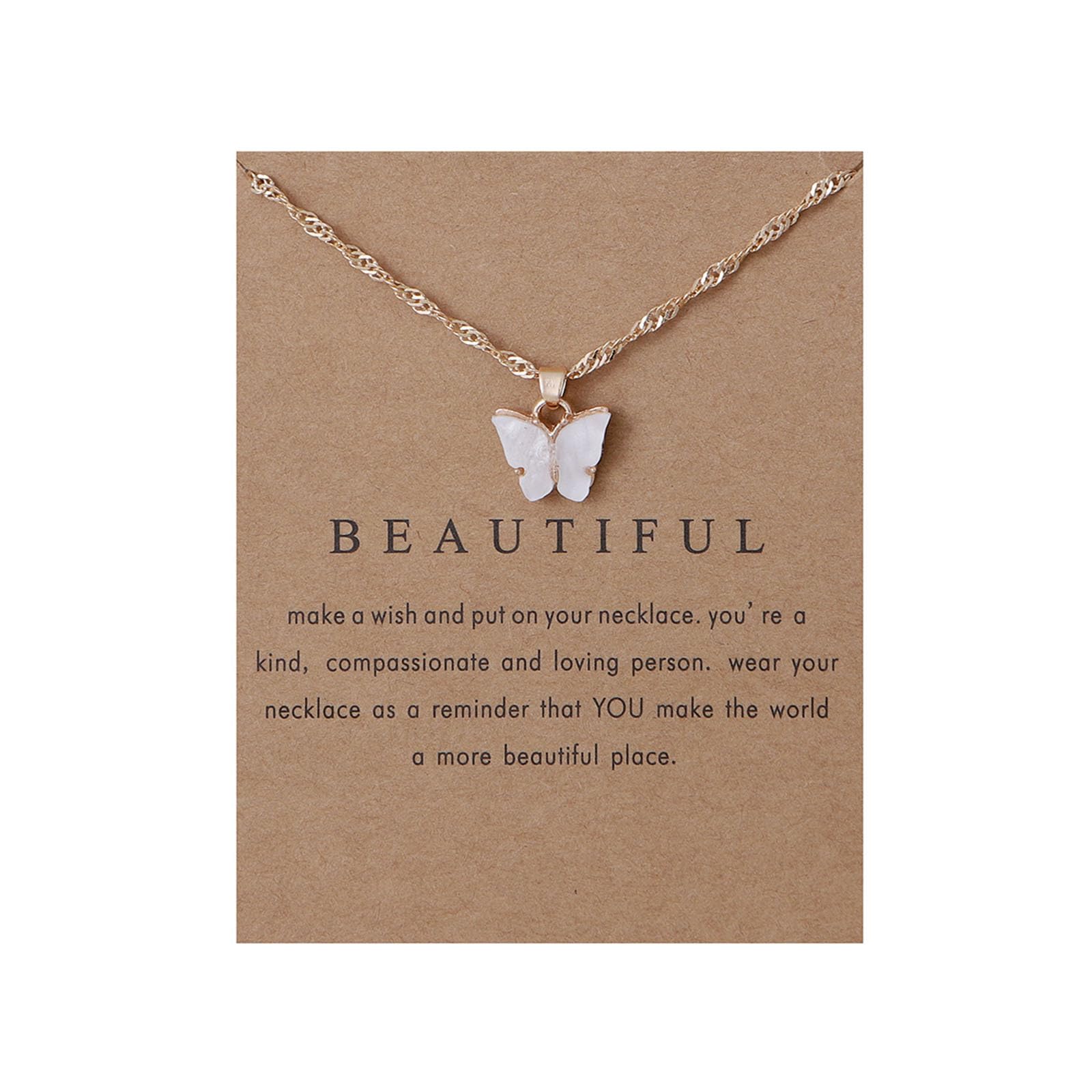Caiyao Sweet Cute Colorful Butterfly Adjustable Clavicle Chain Lightweight Arcylic Insect Necklace with Message Card Friendship Good Luck Bohemian Jewelry for Women