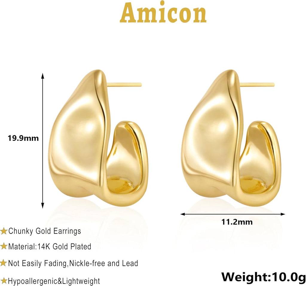 Amicon Chunky Gold Stud Earrings for Women 14k Gold Plated Hypoallergenic Earrings Statement Trendy Fashion Gold Jewelry Gifts