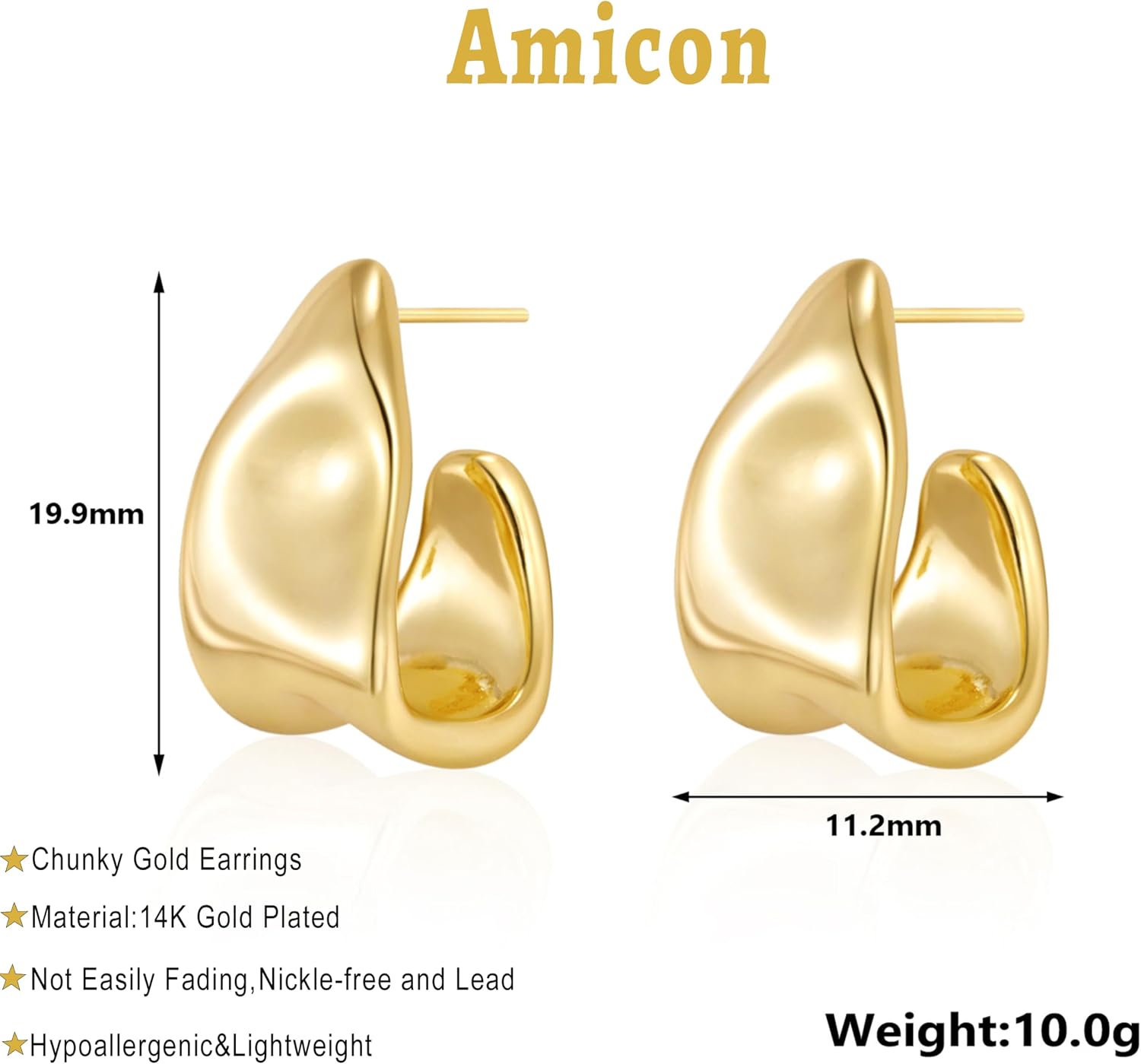Amicon Chunky Gold Stud Earrings for Women 14k Gold Plated Hypoallergenic Earrings Statement Trendy Fashion Gold Jewelry Gifts