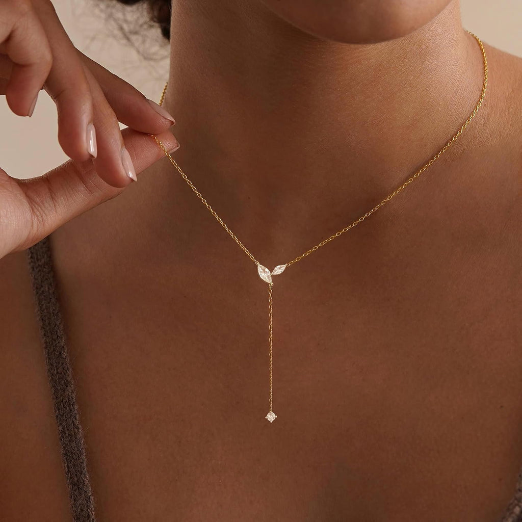 Long Necklaces for Women Trendy, 14K Gold Plated CZ Drop Necklace | Dainty Gold Necklace, Simple CZ Y Shaped Lariat Necklace, Statement Western Necklace, Non Tarnish Gold Jewelry Gifts